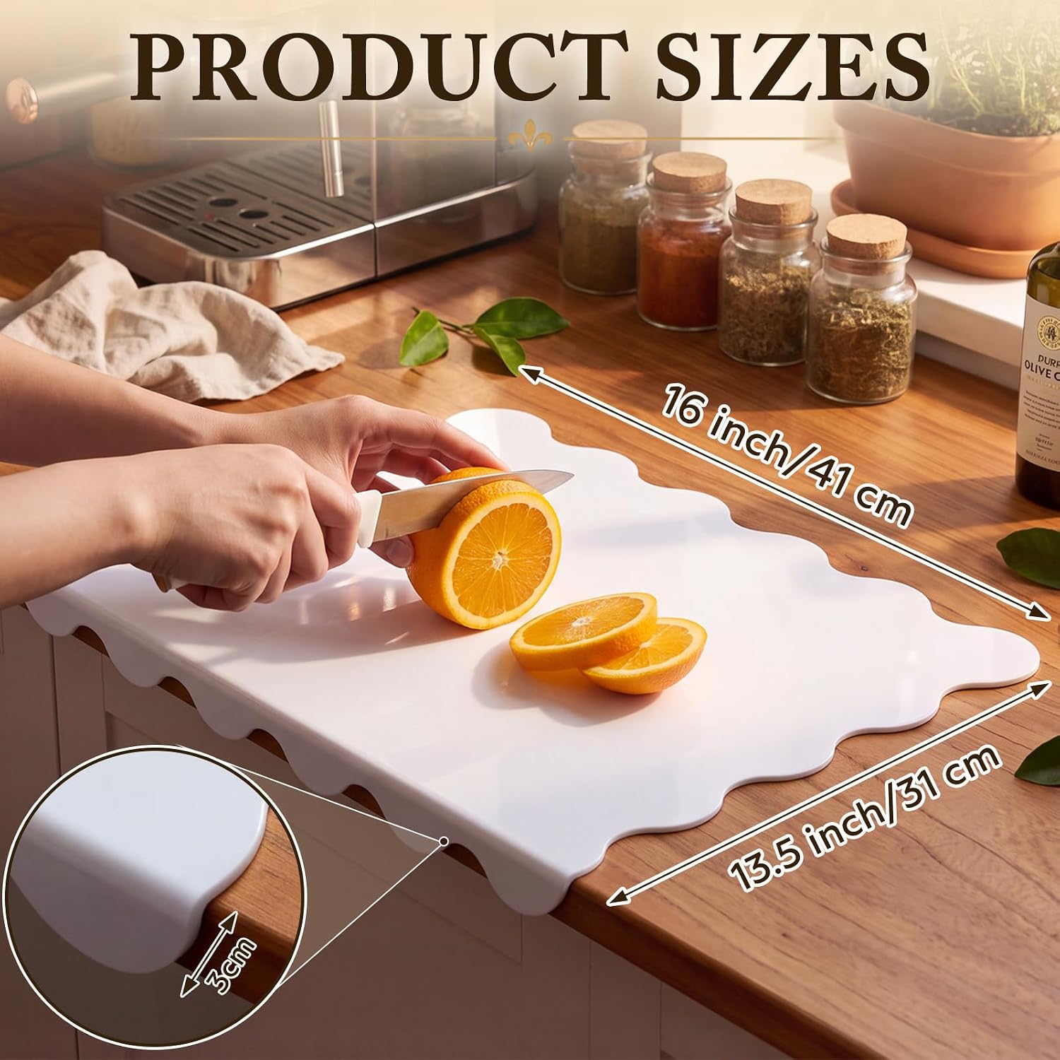 Acrylic Scalloped Cutting Board with Counter Lip, White, 16"x13.5" image 2