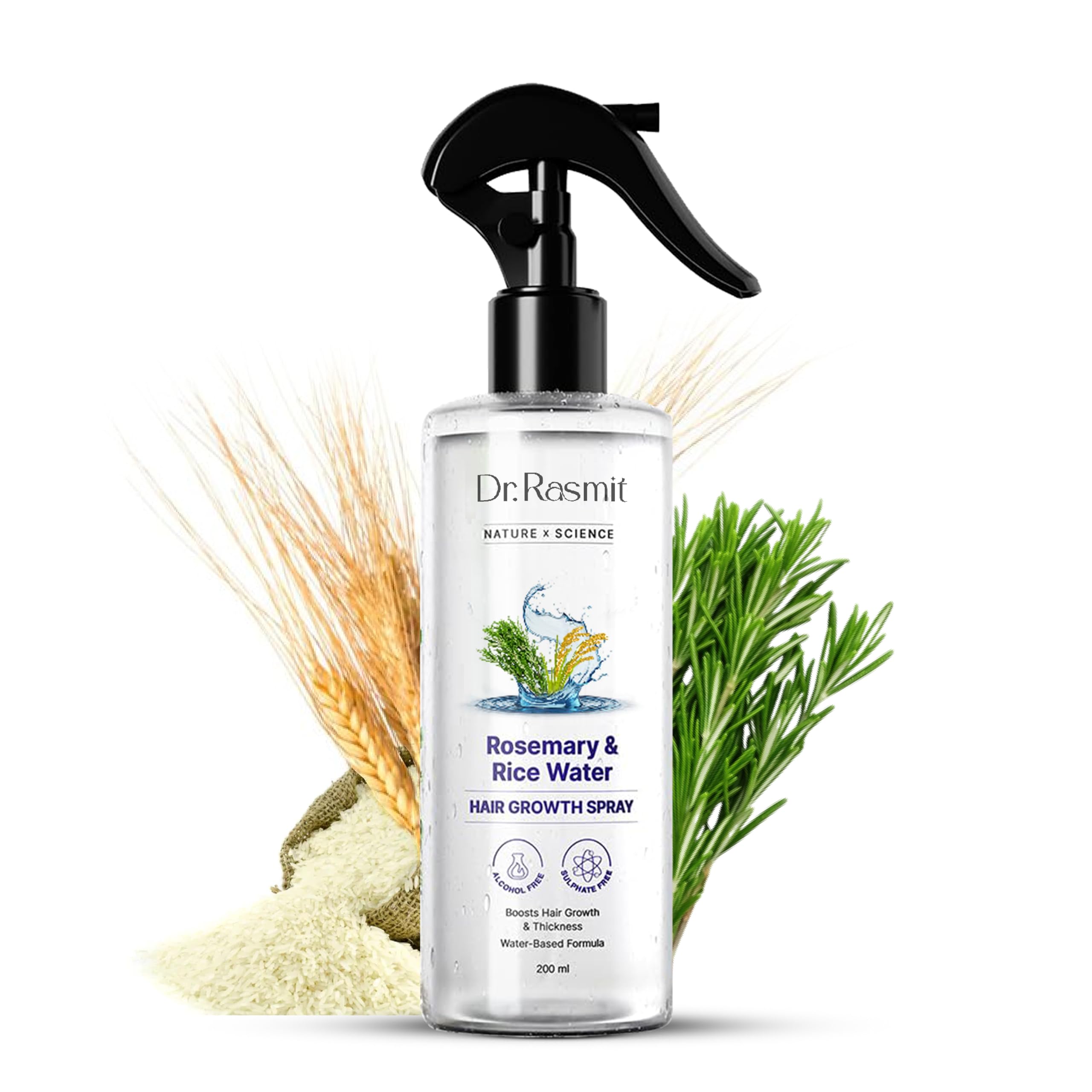 Dr. Rasmit Nature x Science Rosemary Water Spray with rice water for Hair Growth & Hair Thickness |100% Natural Extract | Soft & Smooth Hair| Controls Hairfall | Non-Greasy & Fast Absorbing (200 ml)-image-11