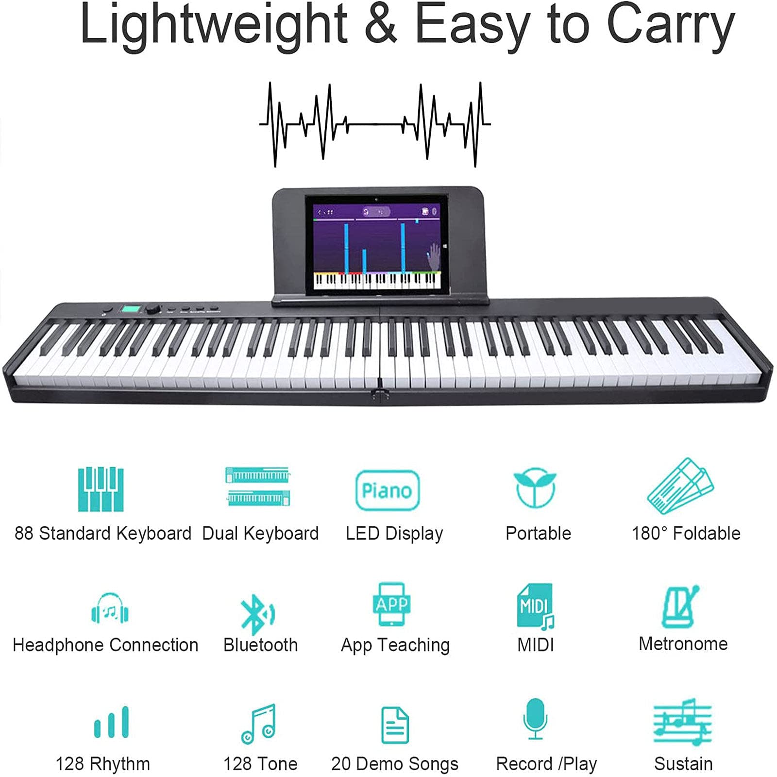 88 Piano Tastiera Pieghevole a Chiave, Piano elettronico Portatile, 128 ritmi per Pianoforte Digitale per Bambini Midi, Batteria Ricaricabile, Pianoforte Digitale Pieghevole per Principianti, Bambini