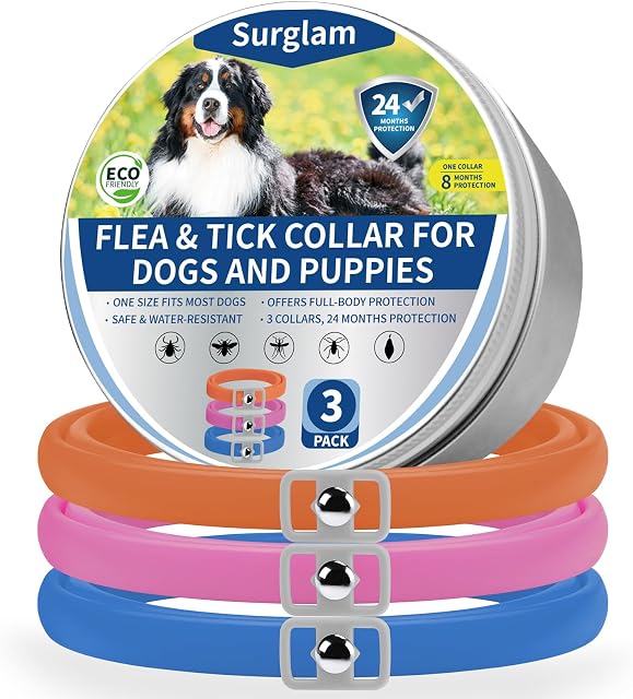 Dog Flea Collars, 3PC Flea and Tick Collar for Dogs, 24 Months Protection Dogs Flea Treatment Waterproof Adjustable Flea and Tick Dog Collar for Puppies Dogs Orange Pink Blue