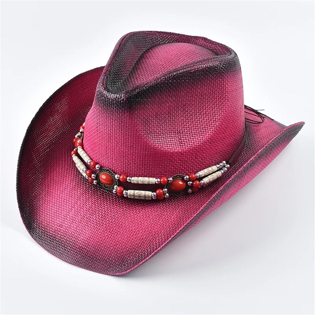 Cappelli da sole da donna in paglia stile occidentale per donna vintage bordo arricciato cowgirl jazz cappello da spiaggia, Rosa, Etichettalia unica