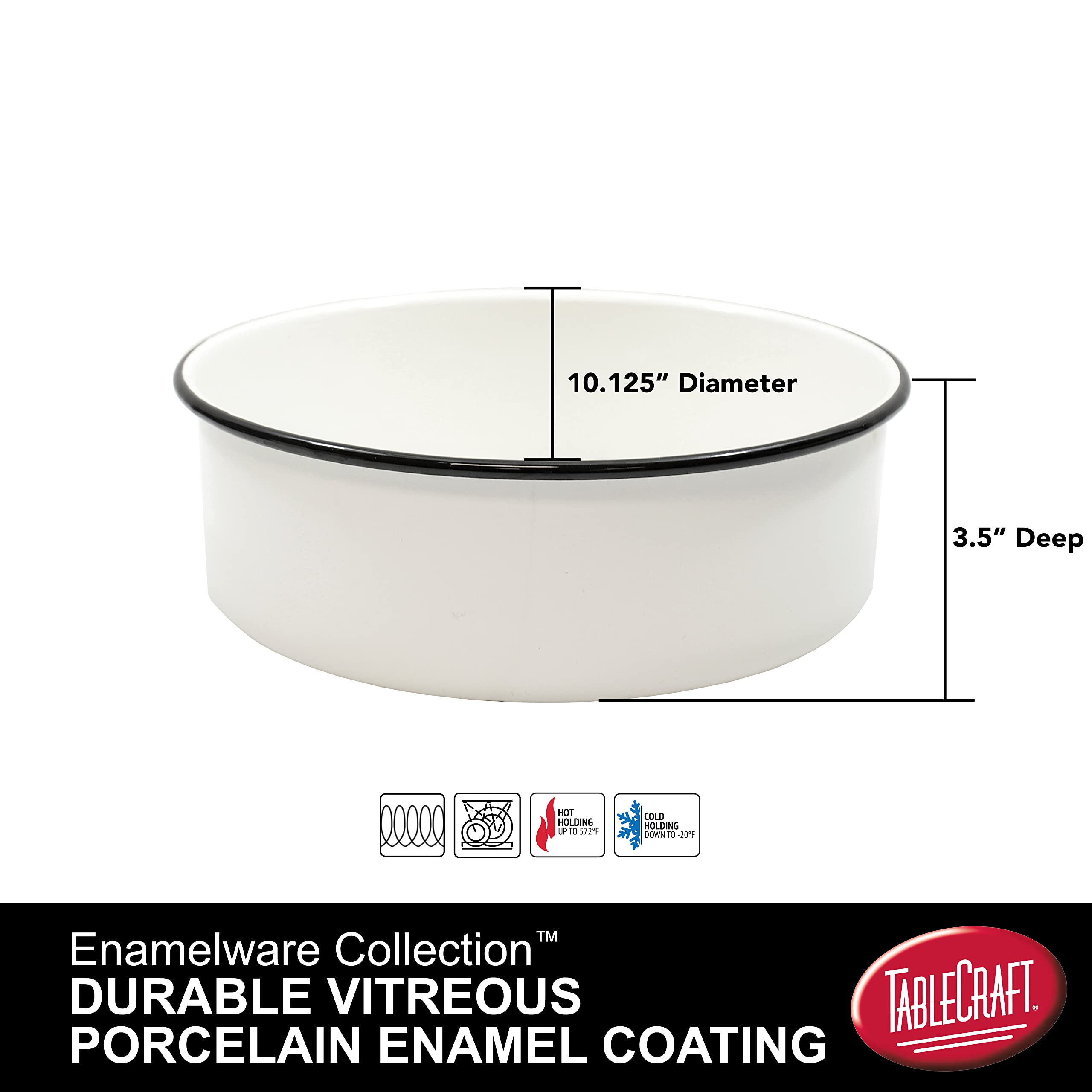 Tablecraft Enamelware Collection Black Rim Solid White Enamel Deep Bowl Baking Pan, Camping, Farmhouse, Home & Restaurant, Porcelain over Steel, Vintage, Boho, Retro, 10.13