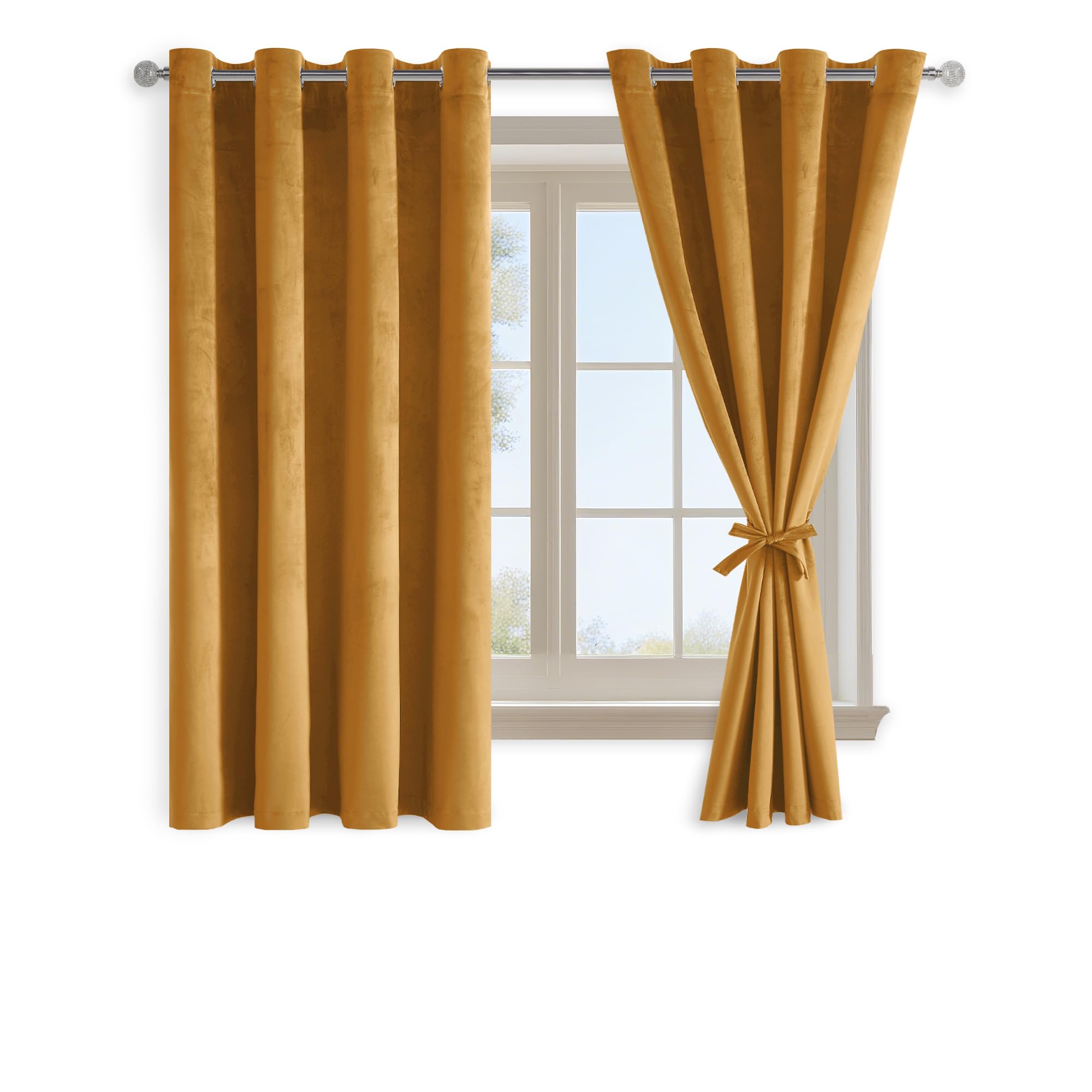 DWCN Tende corte in velluto giallo senape, set da 2 pezzi, altezza 145 x larghezza 140 cm, con cravatte, opache, in velluto, per camera da letto, soggiorno, morbida tenda oscurante in velluto