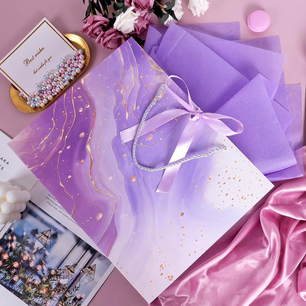 Purple Gift Bags, 2PCS 13” Large Gift Bags with Tissue Paper and Greeting Cards, Gift Bag with Handles Bow for Women Girls, Purple Gift Bags for Birthday Wedding Bridal Baby Shower Anniversaries - Image 3