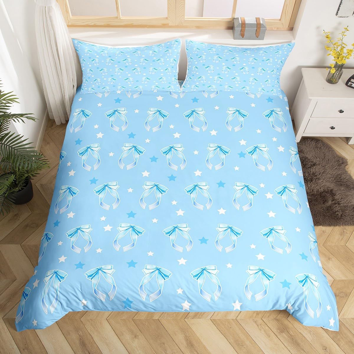 Housse de couette princesse bleue aux motifs d'étoiles aquarelles et finitions nœud papillon