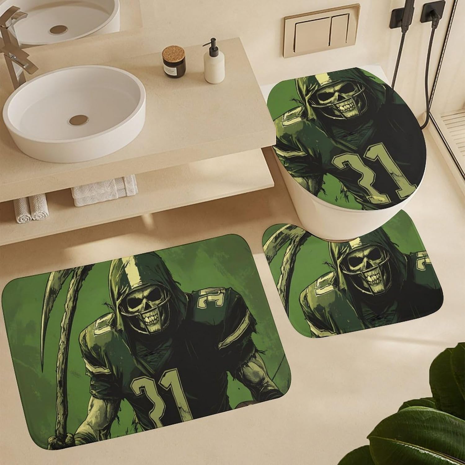 Grim Reaper U.S. Irish Football Modern Bathroom Sets with Shower Curtain and Rugs Decor 4 Pcs with 12 Hooks