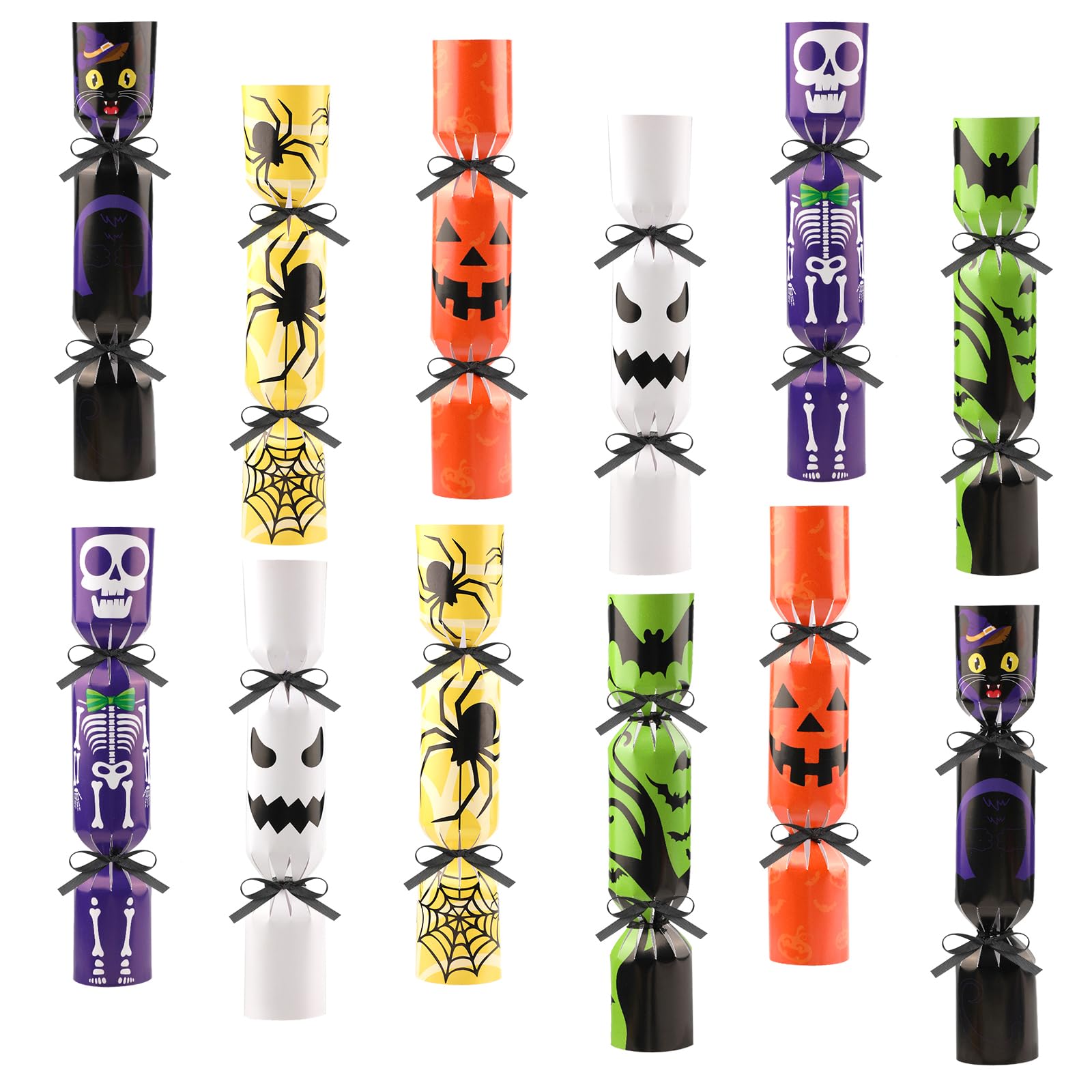 DPKOW 12pcs Halloween Sweets Boxes Gift Halloween Crackers Ghost Skull Pumpkin Spider Bat Paper Party Bags Trick or Treat Party Supplies, DIY Make Your Own Crackers Trick or Treat Candy Goodie Boxes
