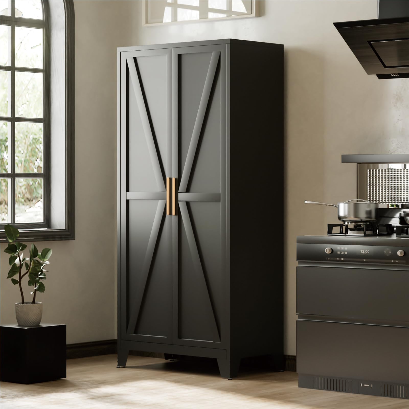 Bevivog 71" Kitchen Pantry Cabinet, Metal Storage Cabinet with 2 Doors and 4 Adjustable Shelves, Farmhouse Tall Metal Pantries Cabinets Storage for