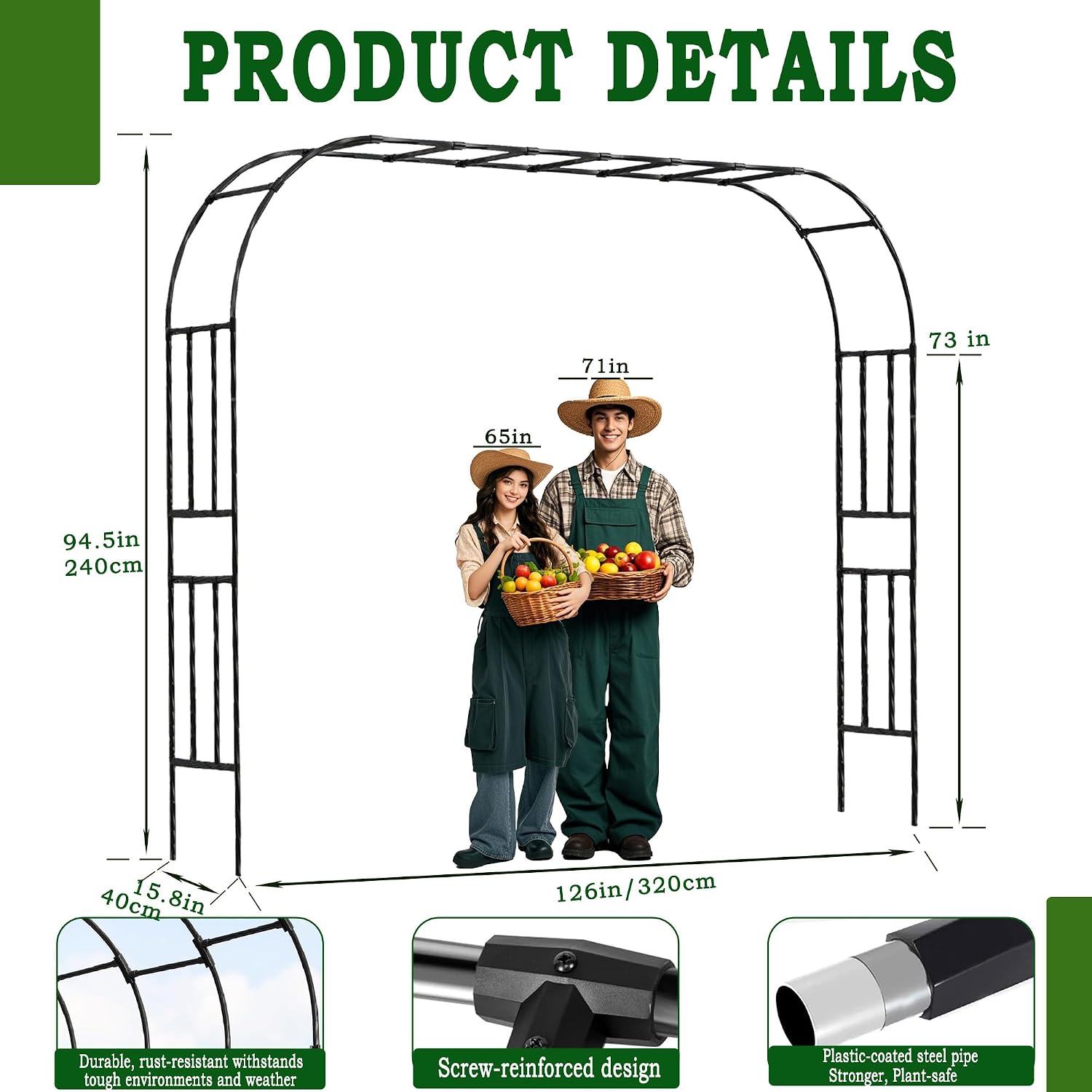 Garden Arch Trellis Length 126" Height 94.5" Arbor Trellis for Climbing Plants Outdoor Garden Arch for Lawn Party Ceremony Wedding Decoration (Black)