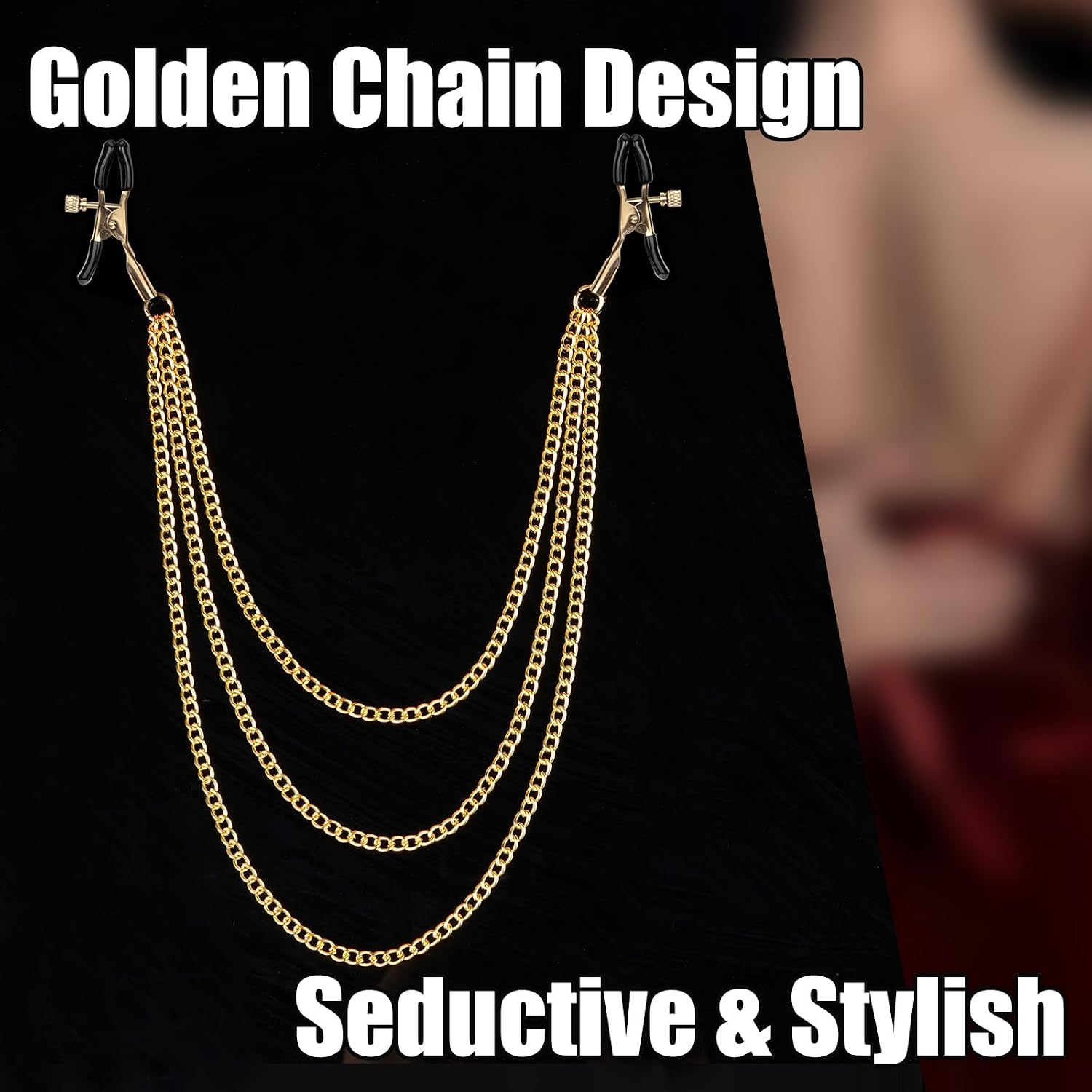 BDSM Adjustable Metal Nipple Clamps with Chain Non Piercing, Nipple Adult Sex Toys for Women Couples, Breast Flirting Stimulation Bondage Wellness (Golden Triple)