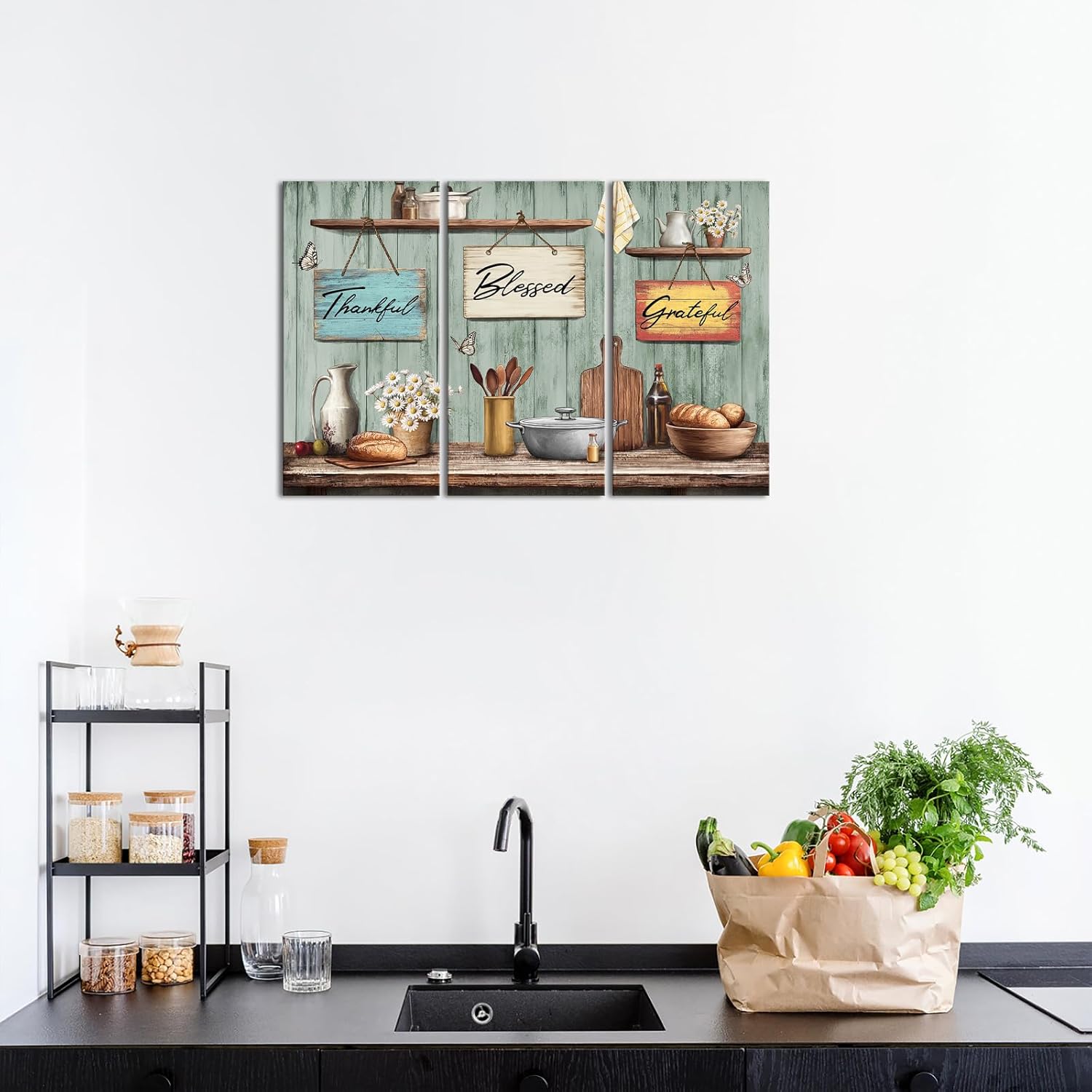 sechars Rustic Kitchen Wall Art Thankful Blessed Grateful Signs Decor Green Wood Background Rustic Fashouse Decor Set of 3
