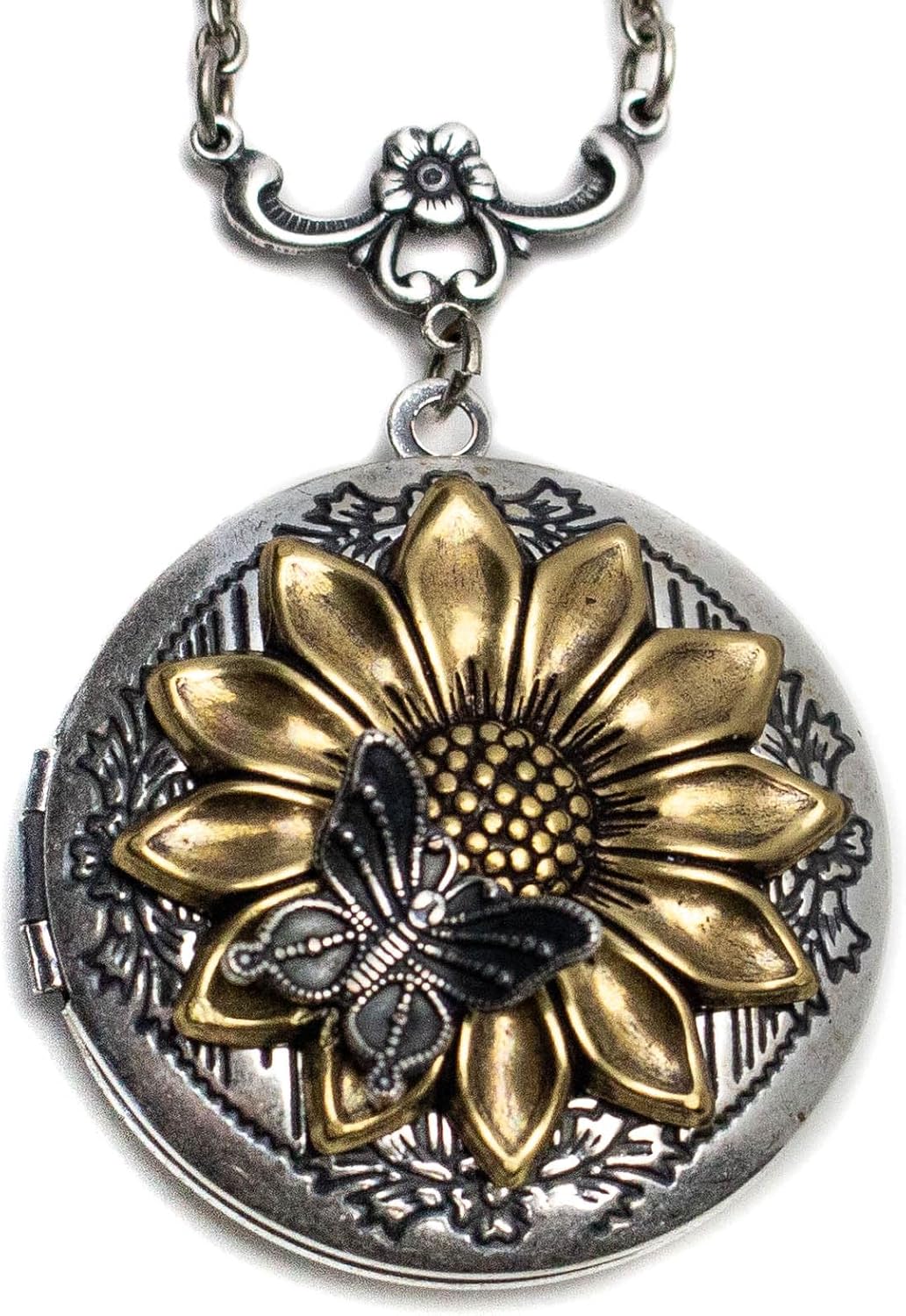Sunflower and Butterfly Locket Necklace 1.25 inch with choice of chain length