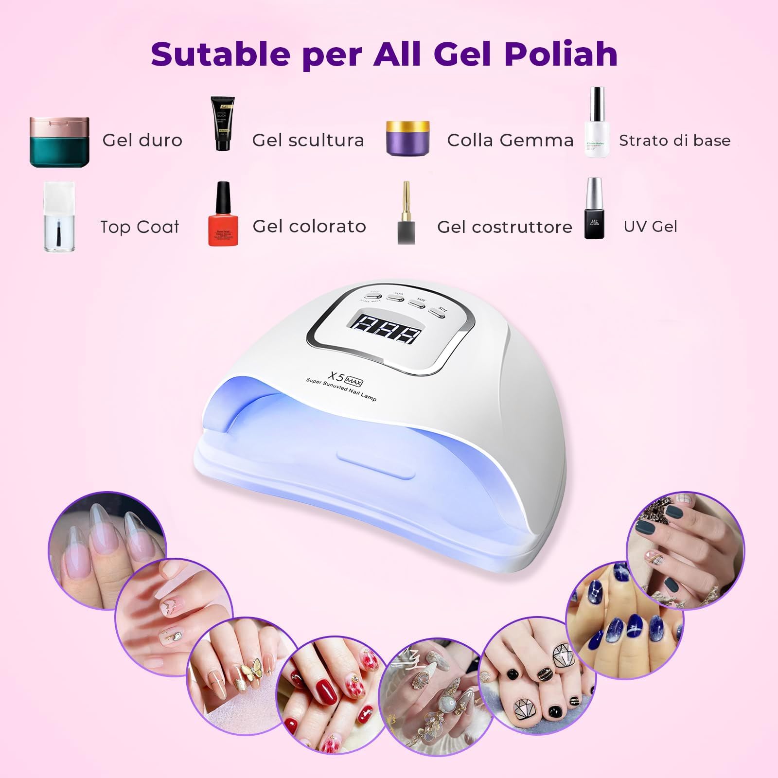 Lampade UV Per Unghie,150W Portatile Lampada per Unghie Asciuga Smalto Sensore e Asciugatura a Doppia Velocità Lampada Unghie LED UV,4 Modalità Timer,Display LCD Fornetto Unghie per Manicure (Bianco)