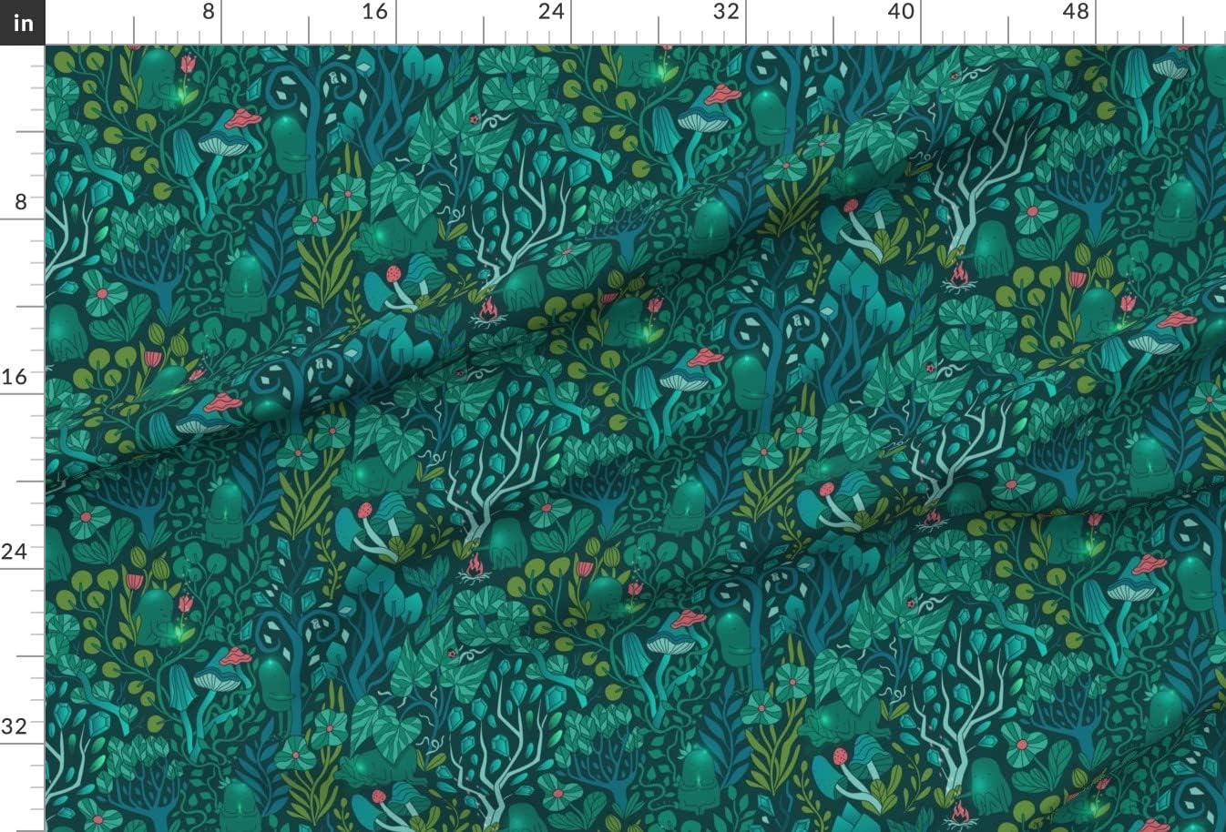 Spoonflower Fabric - Emerald Forest Fairy Woodland Creatures Green Nature Trees Crystals Printed on Upholstery Velvet Fabric Fat Quarter - Upholstery Home Decor Bottomweight Apparel