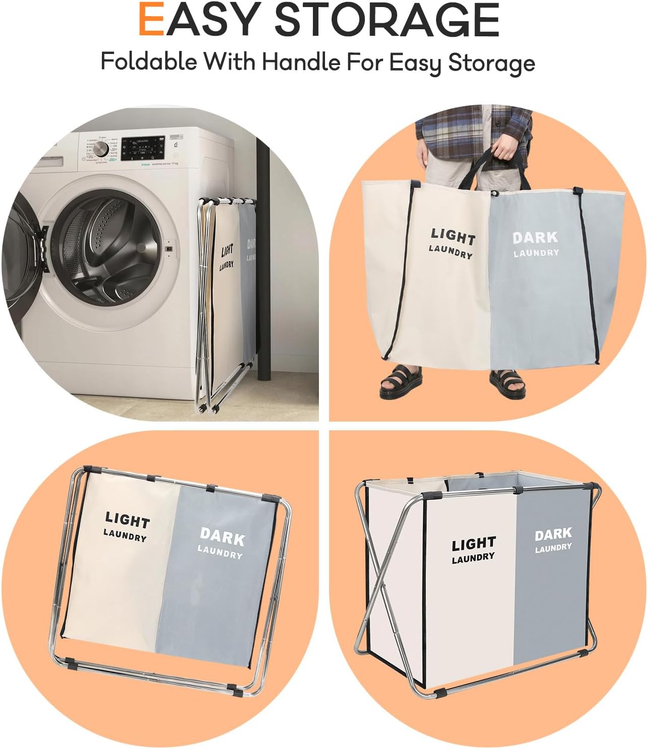 Laundry Cloth Hamper Sorter Basket Bin Foldable 2 Sections with stainless steel Frame Washing Storage Dirty Clothes Bag for Bathroom Bedroom Home Storage Basket (White+gray, 2 Sections)