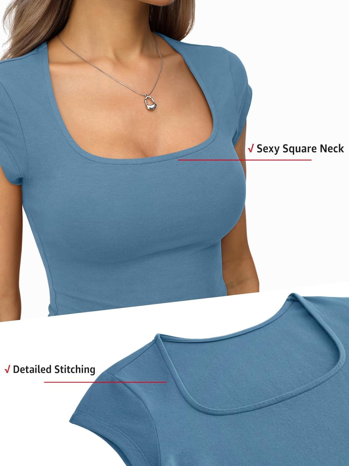 Womens Cotton Square Neck Short Sleeve Shirts Slim Fit Cap Sleeve Tops Summer Basic Low Cut Tee Fashion Clothes - Image 3