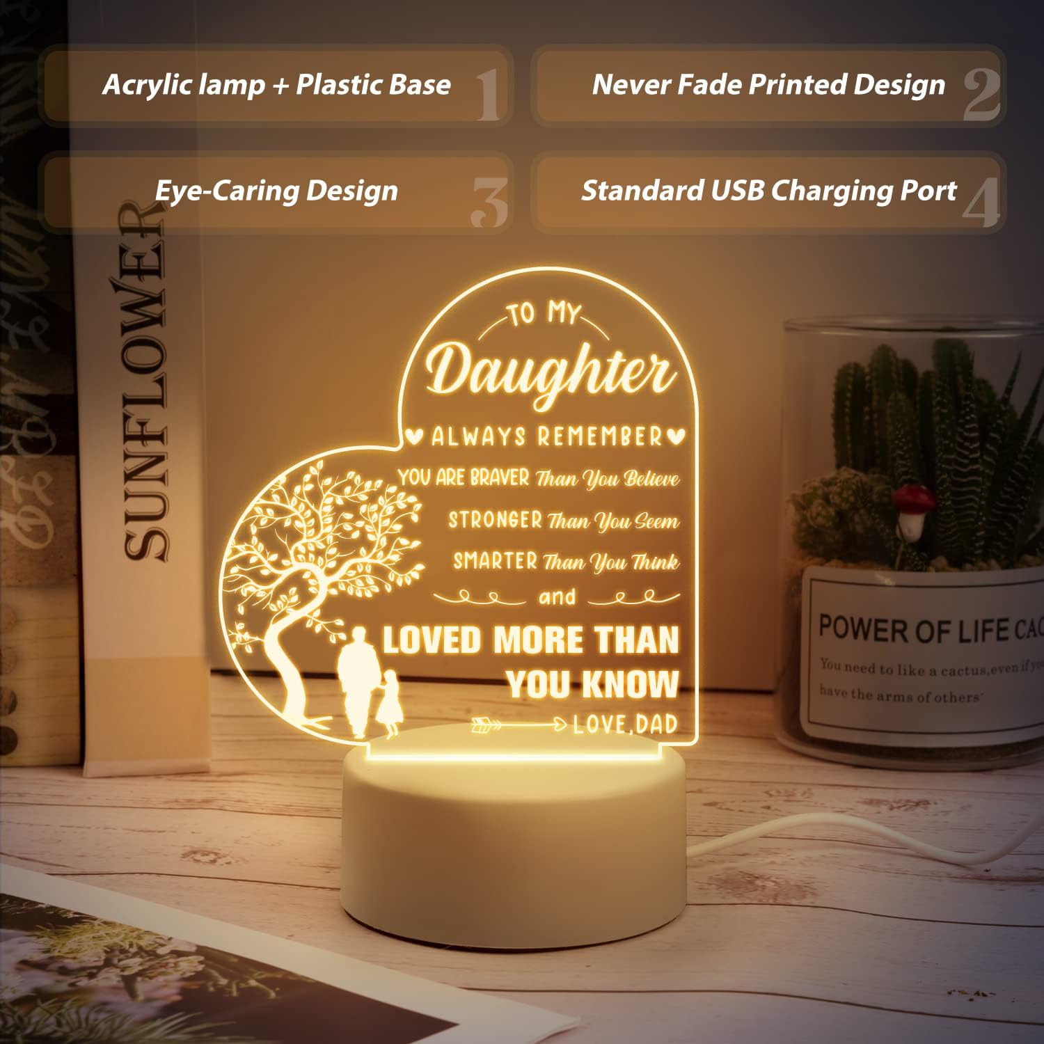 Daughter Gifts from Dad, Birthday Gift for Daughter - Engraved Acrylic Night Light - Image 5