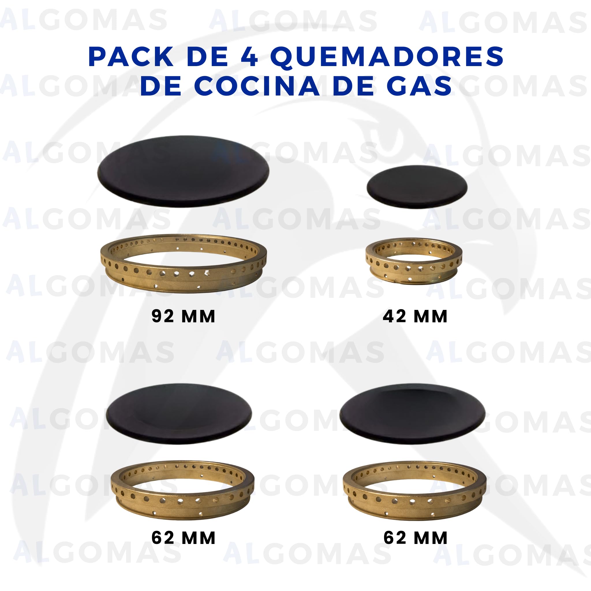 ALGOMAS® Quemadores Cocina Gas Universales | Pack 4 Quemadores y Tapas 92 mm 62 mm 62 mm 42 mm | Compatible con Zanussi Nardi Teka Balay Fagor | Repuesto Fogones Gas