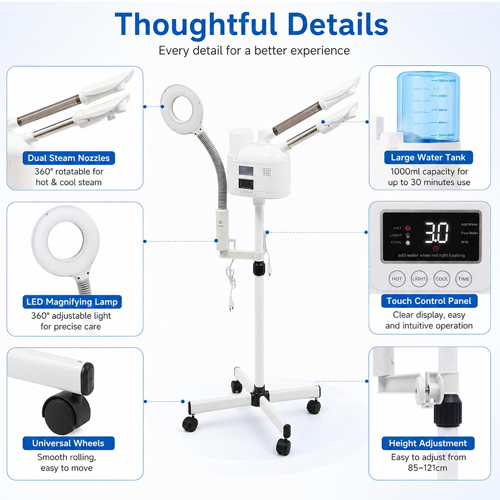 3 In 1 Gesichtsdampfer 750W Bedampfer Kosmetik mit Heißer/Kalter Düse Höhenverstellbar Gesichtssauna mit LED Lupenlampen und Intelligenter Touchscreen Porenreiniger Dampf Spa Maschine