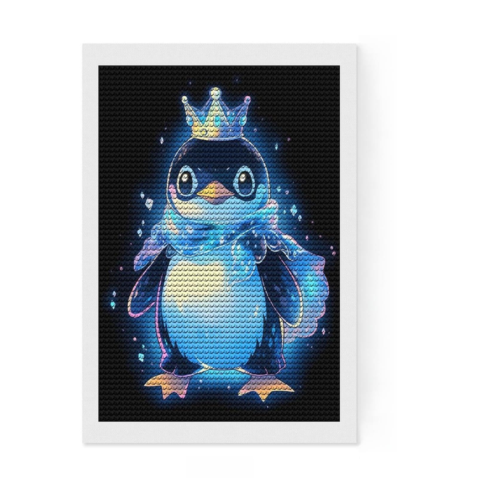 Junmoney Cool Penguin King Diamond Painting Set 8"x12", Mindful Craft Project, Cute Room Decor, with Tool Kit, Artistic Hobby, Modern Decor