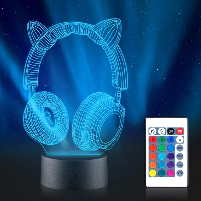 Faminess 3D Night Light Touch Switch Table Lamp 16 Colors Auto Changing Desk Decoration LED Lamps with Remote Control for Girls Kids Children Boys (Earphone Light)
