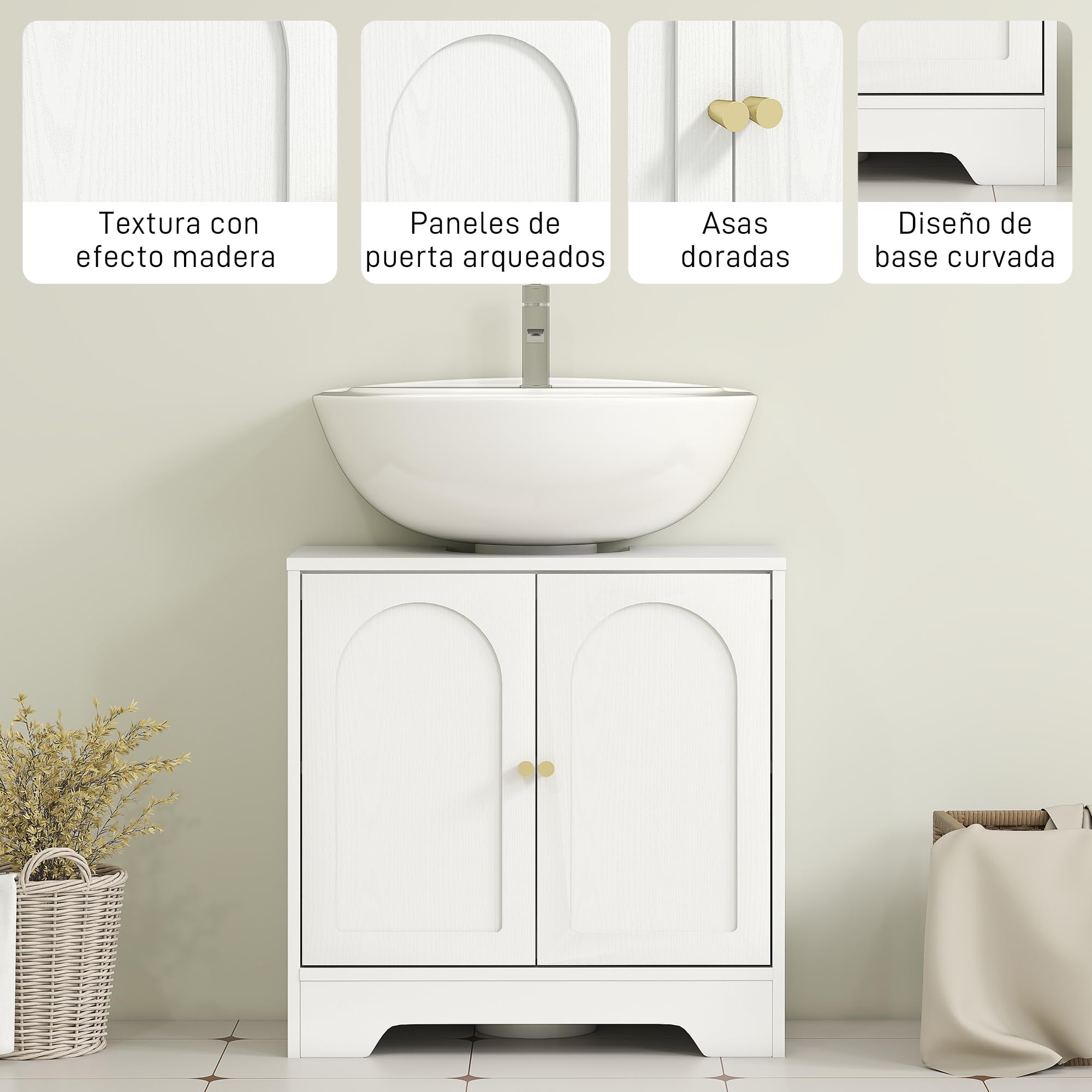 HOMCOM Mueble bajo Lavabo Mueble de Baño con 2 Puertas con Diseño de Arco Estante Ajustable Tiradores Dorados para Lavabo con o sin Pedestal 60x30x65 cm Blanco