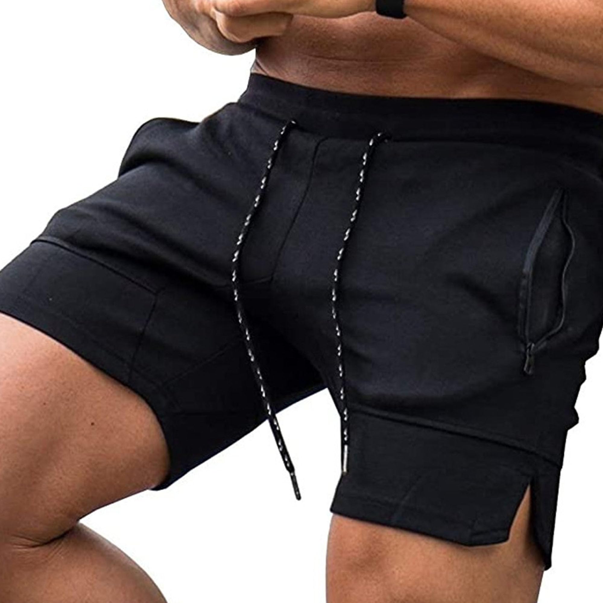 Mens Zipper Pockets Elastic Waist Short Lightweight Athletic Drawstring Shorts Workout Running Cotton Short Pant