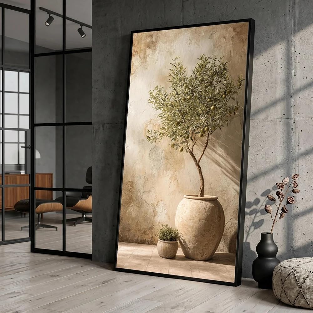 GOSRD Canvas Prints Rustic Olive Tree Wall Art Plant Decor Neutral Toned Vase Nature Home(40X80cm/Frameless)