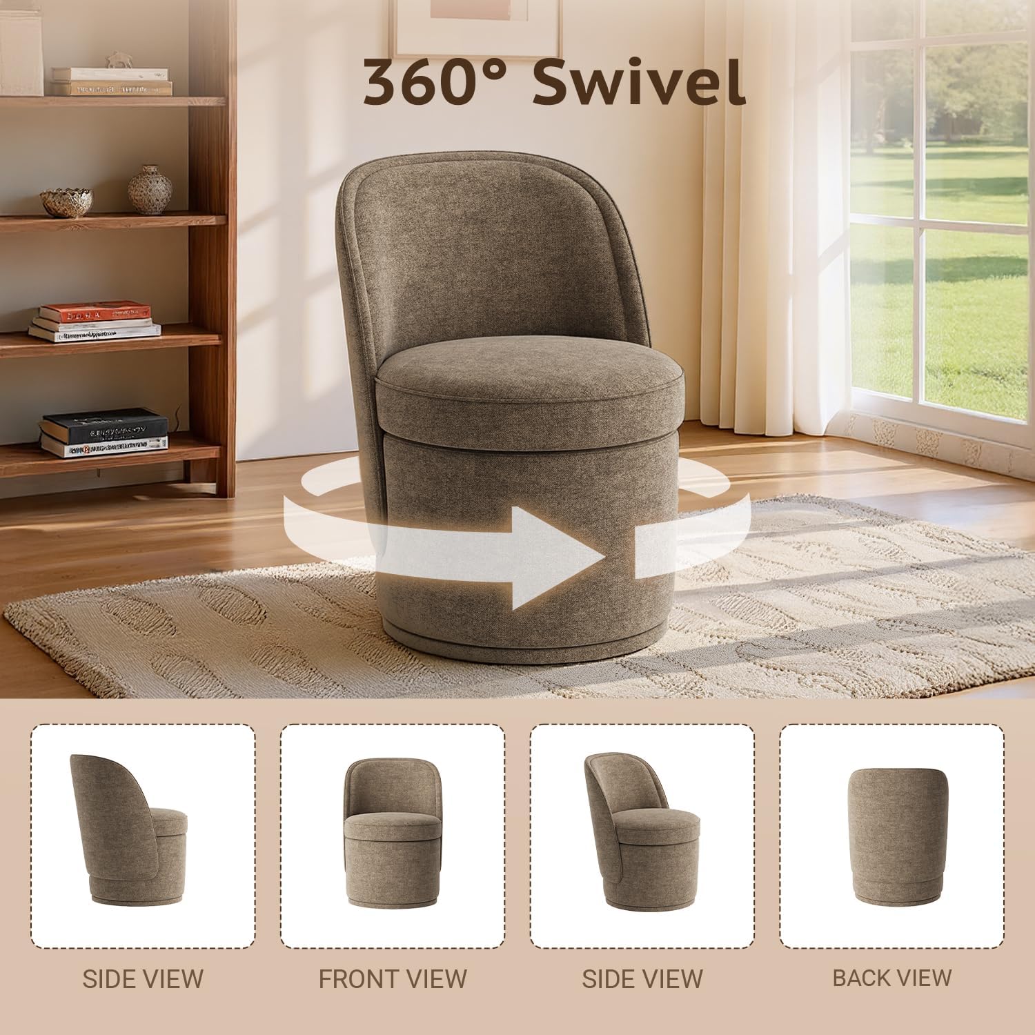 Swivel Accent Chair, 360° Swivel Chair with Hidden Storage, Modern Small Barrel Swivel Armchair for Living Room/Bedroom, Brown