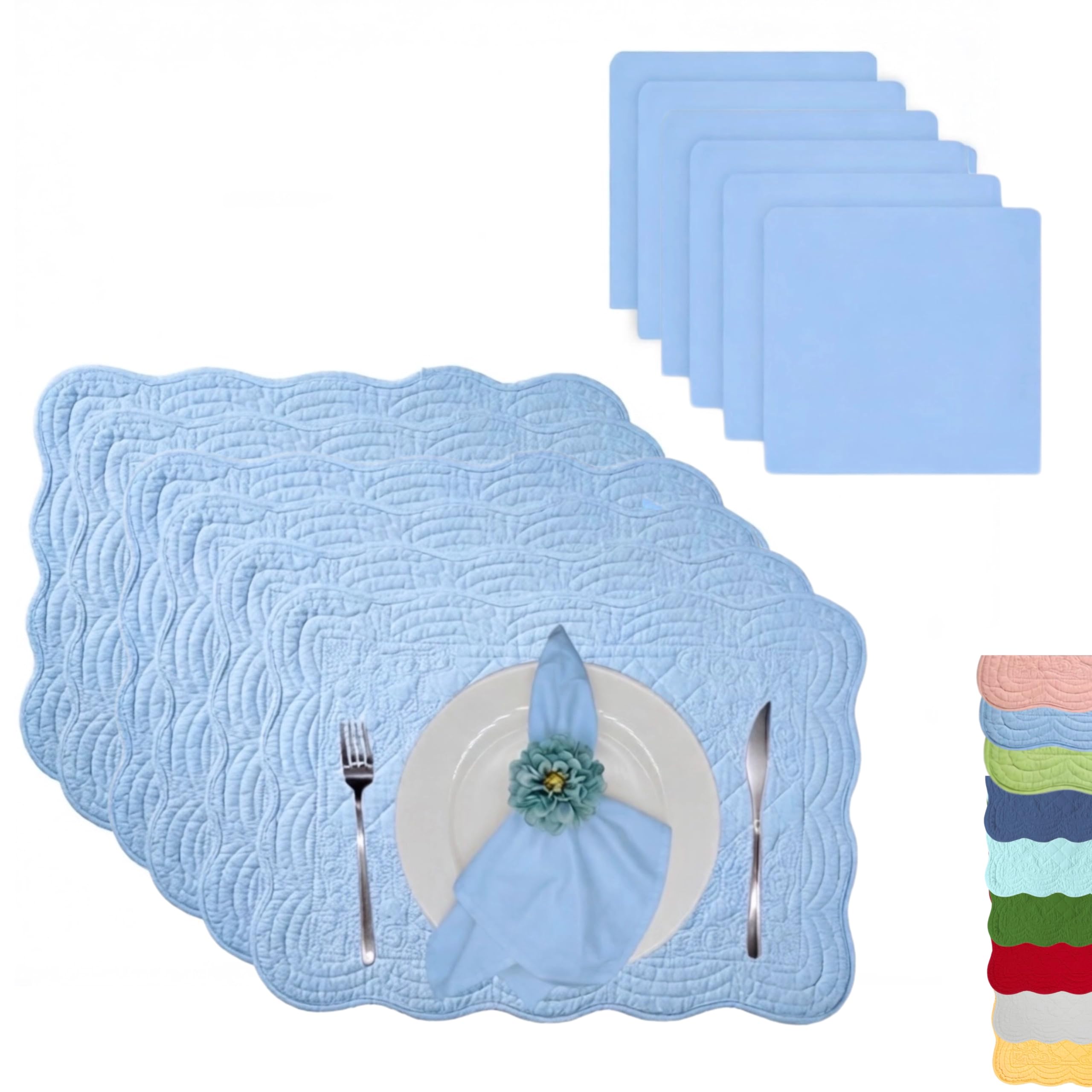 ART PineCone 12-Piece Quilted Cotton Placemats & Napkins, Dusty Blue