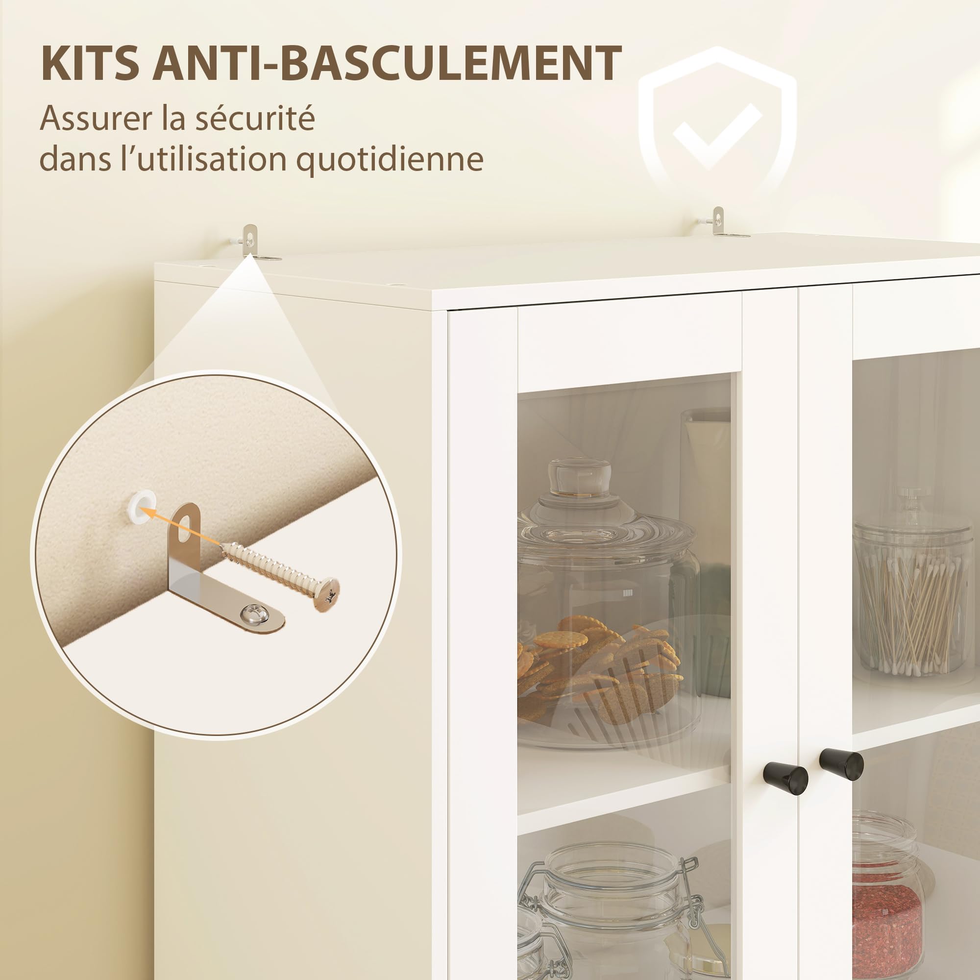 HOMCOM Buffet Haut Cuisine 4 Portes Vitrées 59 x 30 x 170 cm Blanc Brillant