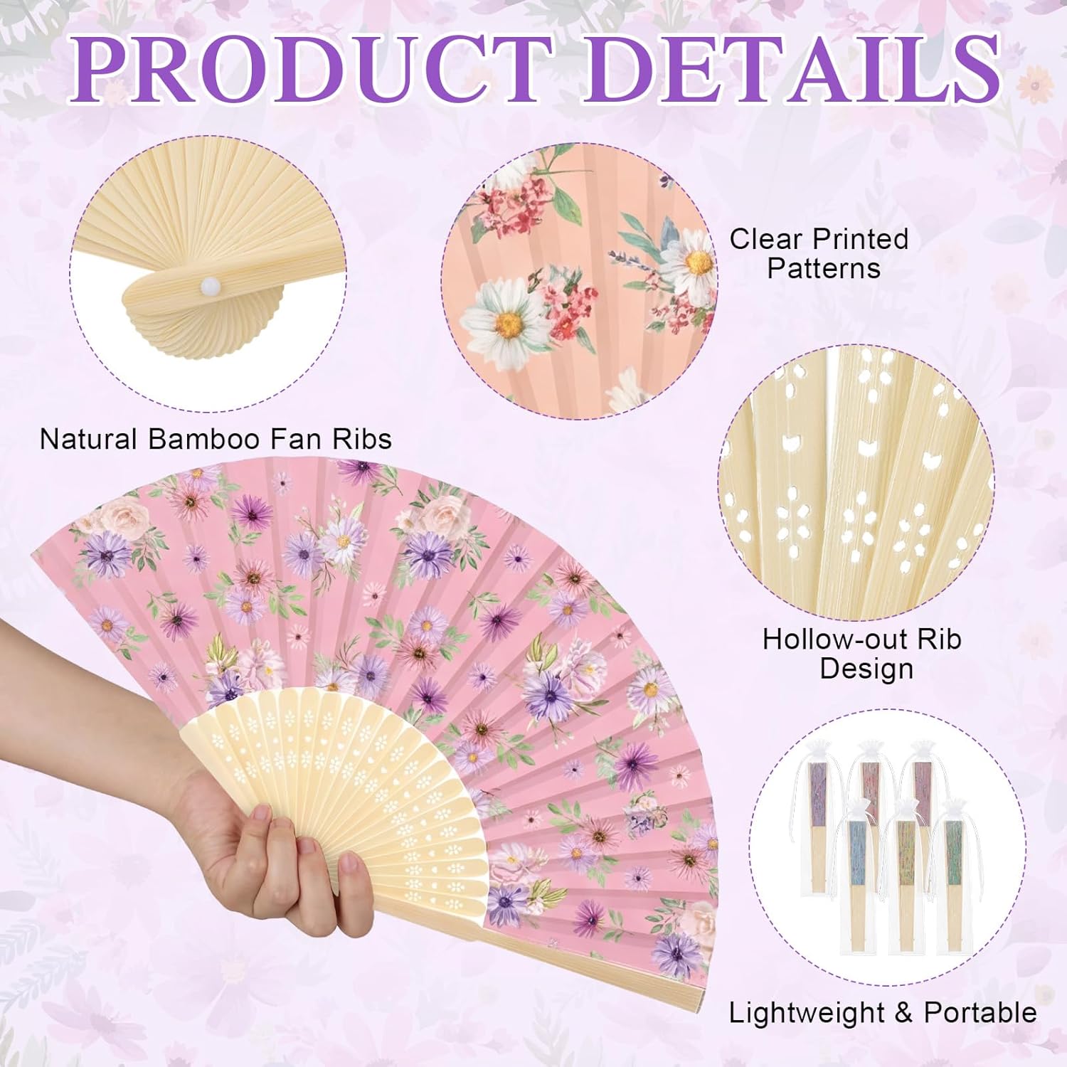 RattanView 30 Pcs Flower Tea Party Folding Hand Fan Bulk with Organza Bag Wedding Party Favor for Guests Floral Foldable Handheld Paper Fan for Bridal Shower Birthday Parties Supplies Decor Gift
