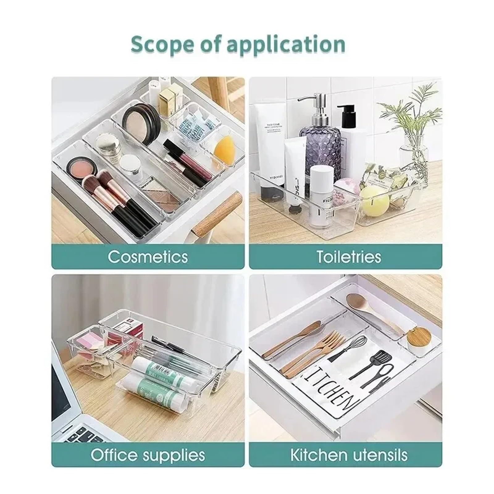Set di 8 divisori da scrivania in plastica trasparente, per camera da letto, cassettiera, ufficio, per trucco, gioielli, cucina
