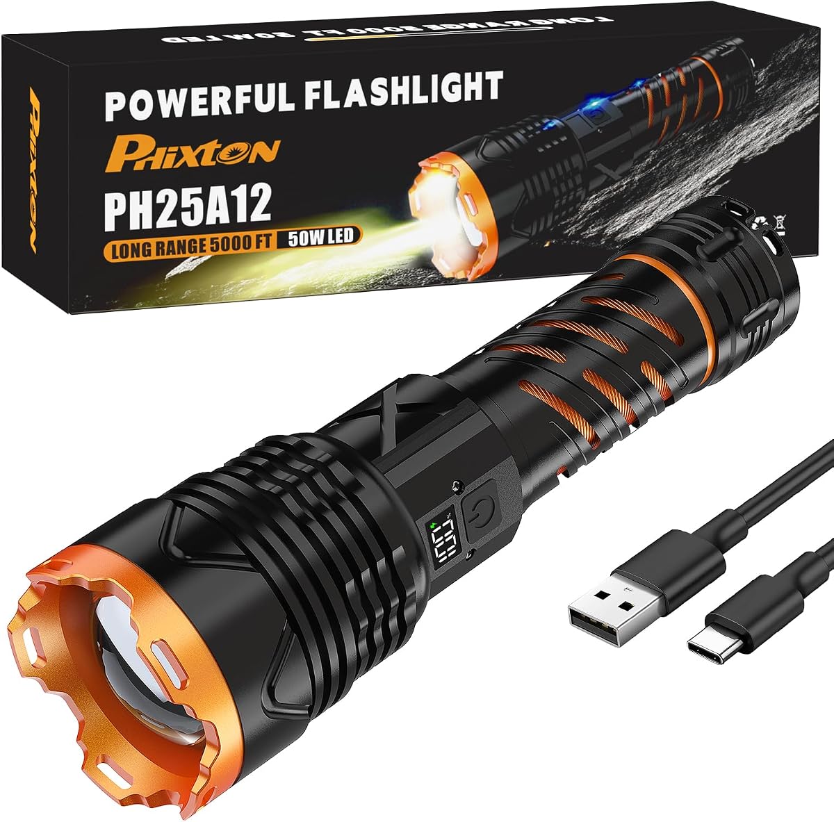 Linterna súper brillante de alto lúmenes 100000 recargable, potente LED potente de 50 W, larga duración 15 horas, carga rápida USB C, diseño mejorado de un solo clic, 3 modos, pantalla LCD y salida, para ir de excursión a casa