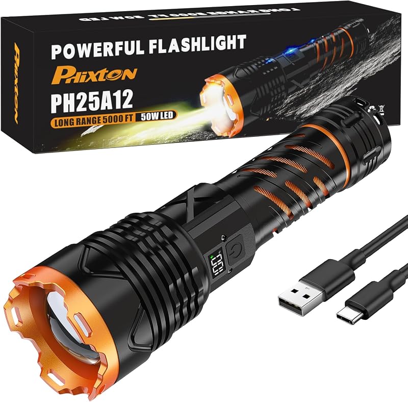 Linterna súper brillante de alto lúmenes 100000 recargable, potente LED potente de 50 W, larga duración 15 horas, carga rápida USB C, diseño mejorado de un solo clic, 3 modos, pantalla LCD y salida, para ir de excursión a casa