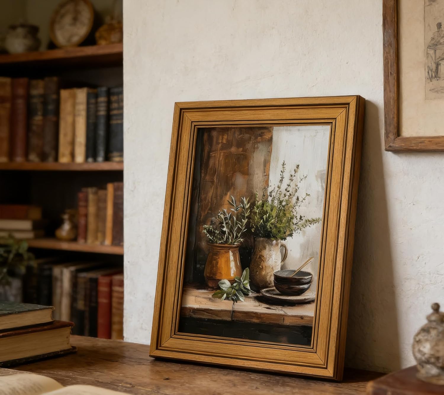 Vintage Gold Framed Canvas Wall Art Rustic Still Life Kitchen Farmhouse Picture Wall Decor Vintage Jars Culinary Herbs Oil Painting Print Art for Living Room Kitchen Bedroom Home Decoration 12x16in