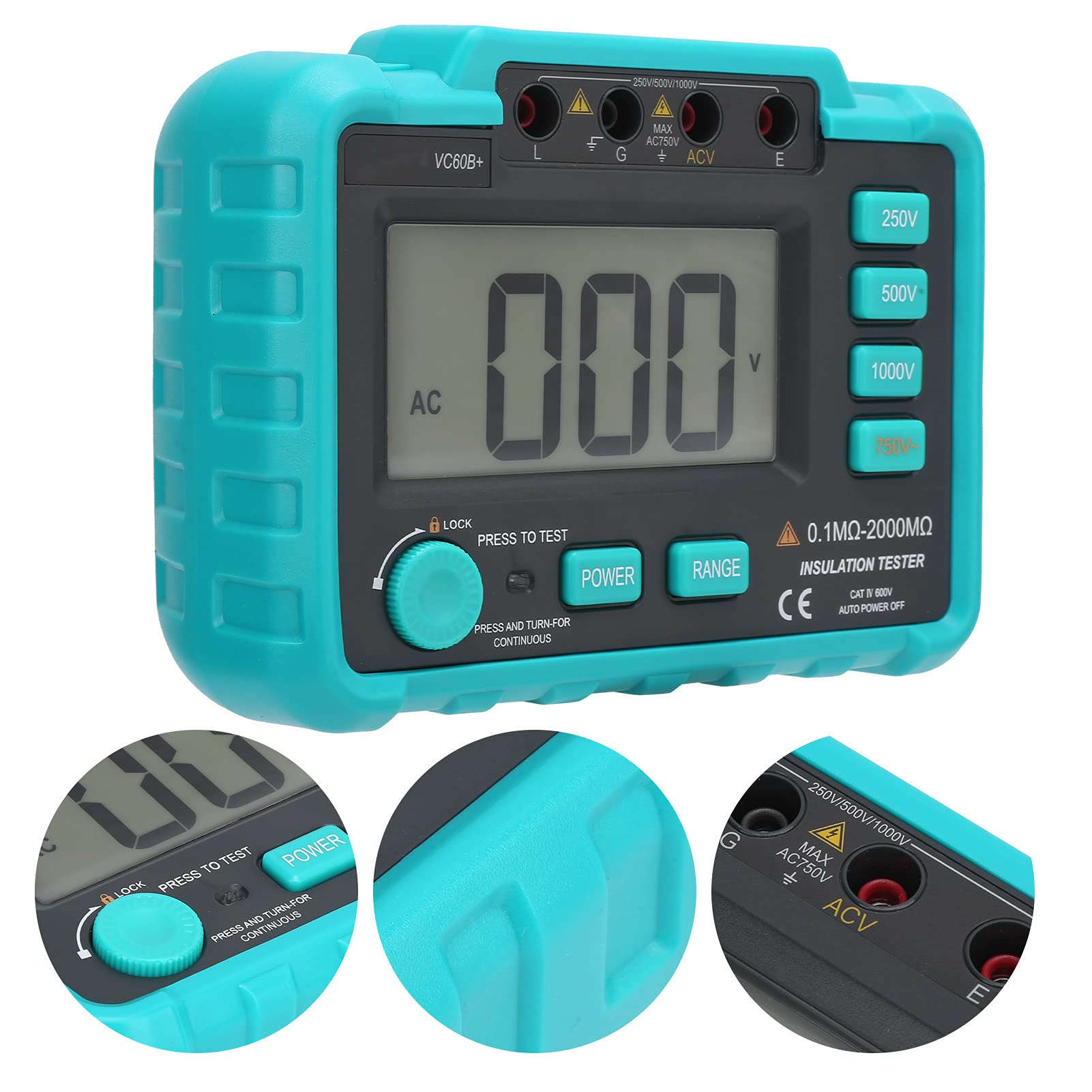 ViaGasaFamido Probador de Resistencia de Aislamiento Digital VC60B+, Multímetro LCD de 250/500/1000 V con Pantalla Retroiluminada y Bloqueo de Prueba para Pruebas de Equipos de Cables de Motor