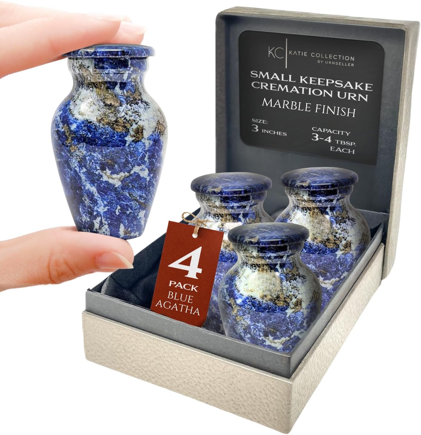 Set of 4 Elegant Marble Style Keepsake Urns – Metal Little Mini Urn for Human Ashes – Secure Screw Top – Small Personal Size – Carrara White Finish