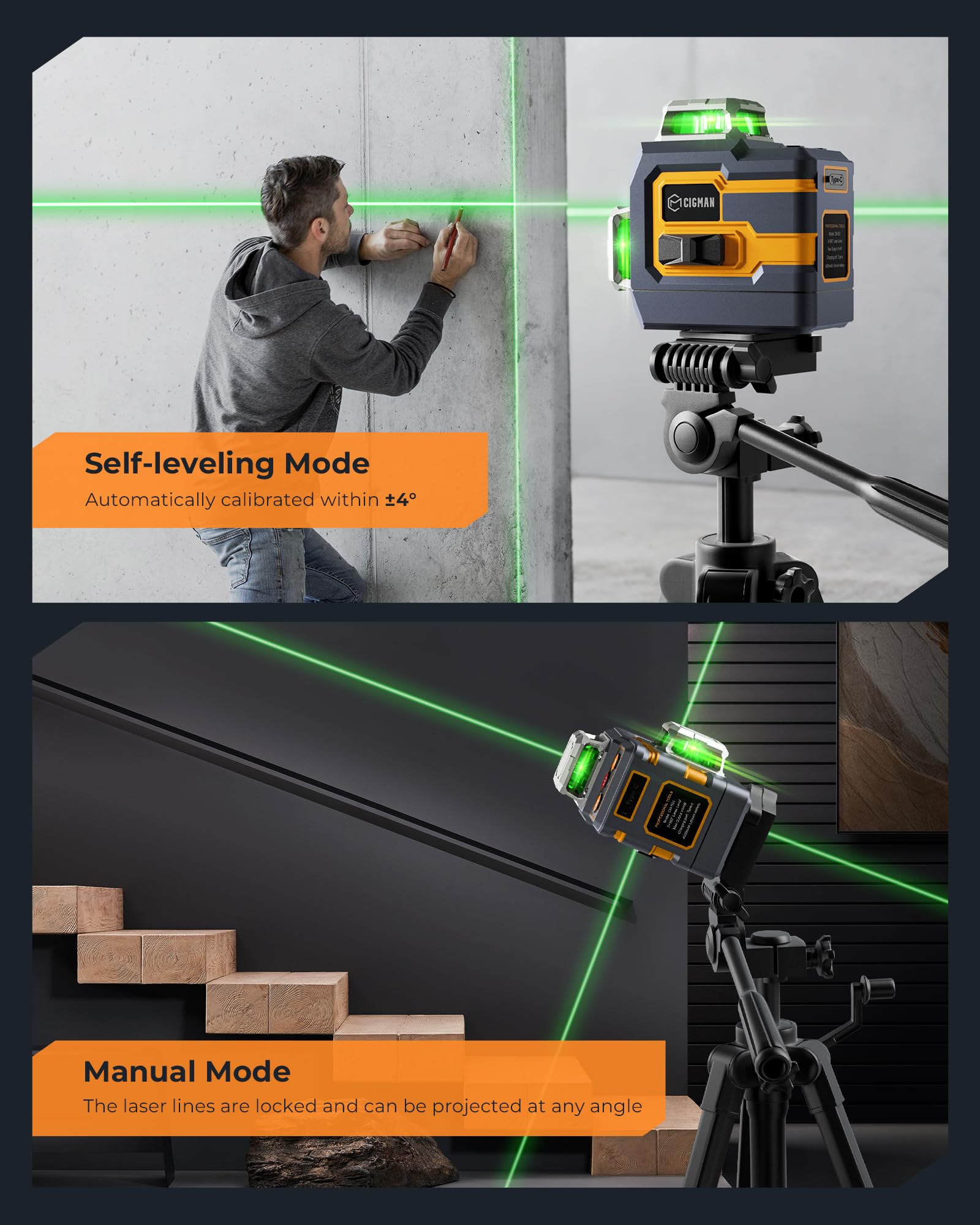 Livella Laser Autolivellante 3x360°, CIGMAN Controllo di APP Intelligente Livello Laser, con Batteria al Litio Ricaricabile Typ-C, 3D Linea a Croce Orizzontale/Verticale, Base Magnetico, (CM-S01)