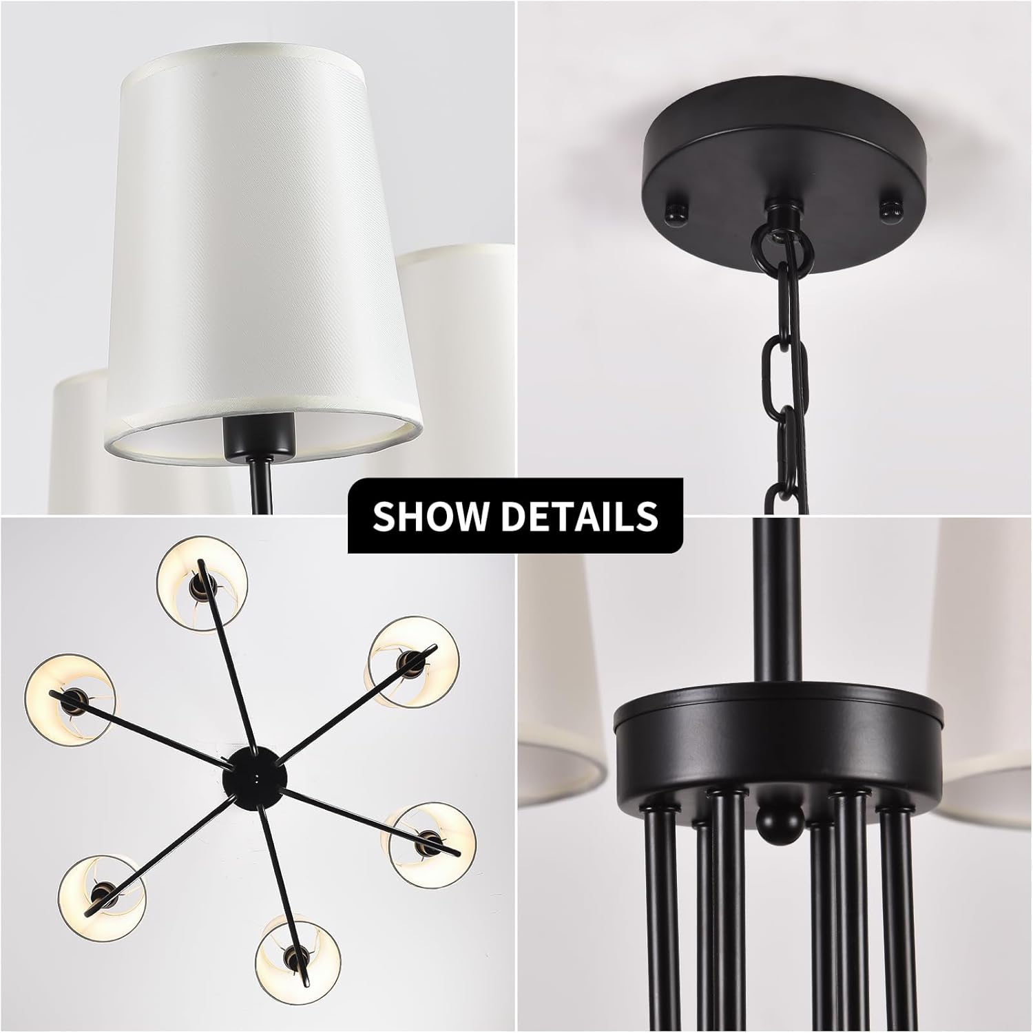29.5" Black Farmhouse Chandelier with Shade, 6-Arm Vintage Modern Dining Room Light Fixture, Chandeliers Ceiling Light Fixture for Bedroom Kitchen Island Living Room Bulb Not Included