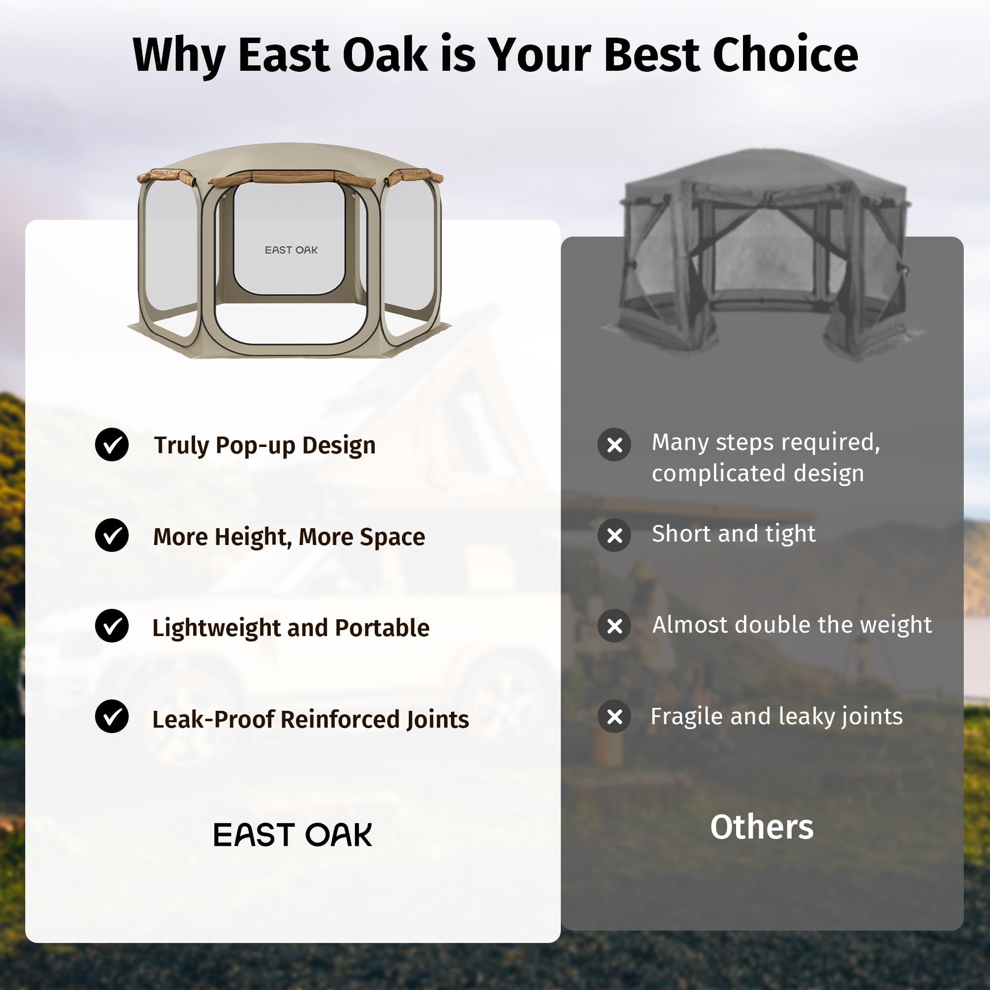 East Oak Pop-Up-Zelt mit Netz, 3,6 x 3,6 m, Outdoor-Sichtschutzhaus mit 4 Sonnenschirmen, sofortiger Überdachung mit tragbarer Tragetasche, Pavillon-Zelt für Camping, Terrasse und Strand, Beige