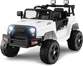 OLAKIDS Kids Ride On Truck, 12V Electric Vehicle Jeep Car with Remote Control, Toddlers Battery Powered Toy with 2 Speeds, Spring Suspension, Double Open Doors, LED Lights, Music, TF, USB, Mp3 (White)
