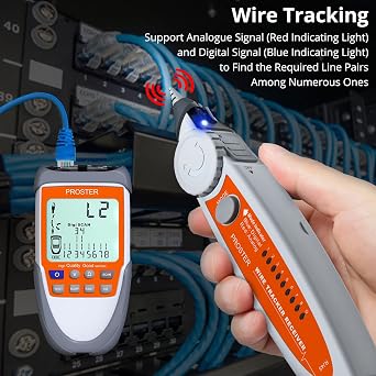 Proster Network Cable Tester with POE Voltage RJ45 Wire Tracker | Cable Finder for RJ45 CAT5 CAT5e CAT6 CAT7 CAT8 LAN Ethernet, LED Flashlight, LCD Display, Storage Bag