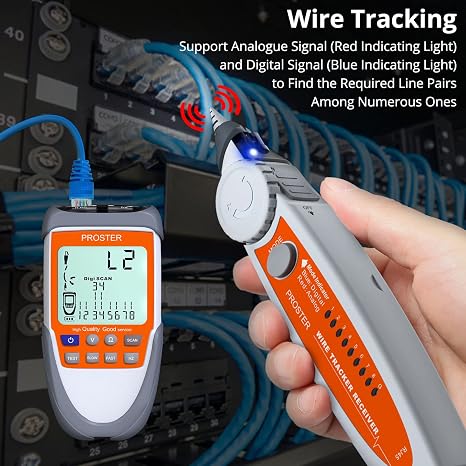 Proster Network Cable Tester with POE Voltage RJ45 Wire Tracker | Cable Finder for RJ45 CAT5 CAT5e CAT6 CAT7 CAT8 LAN Ethernet, LED Flashlight, LCD Display, Storage Bag