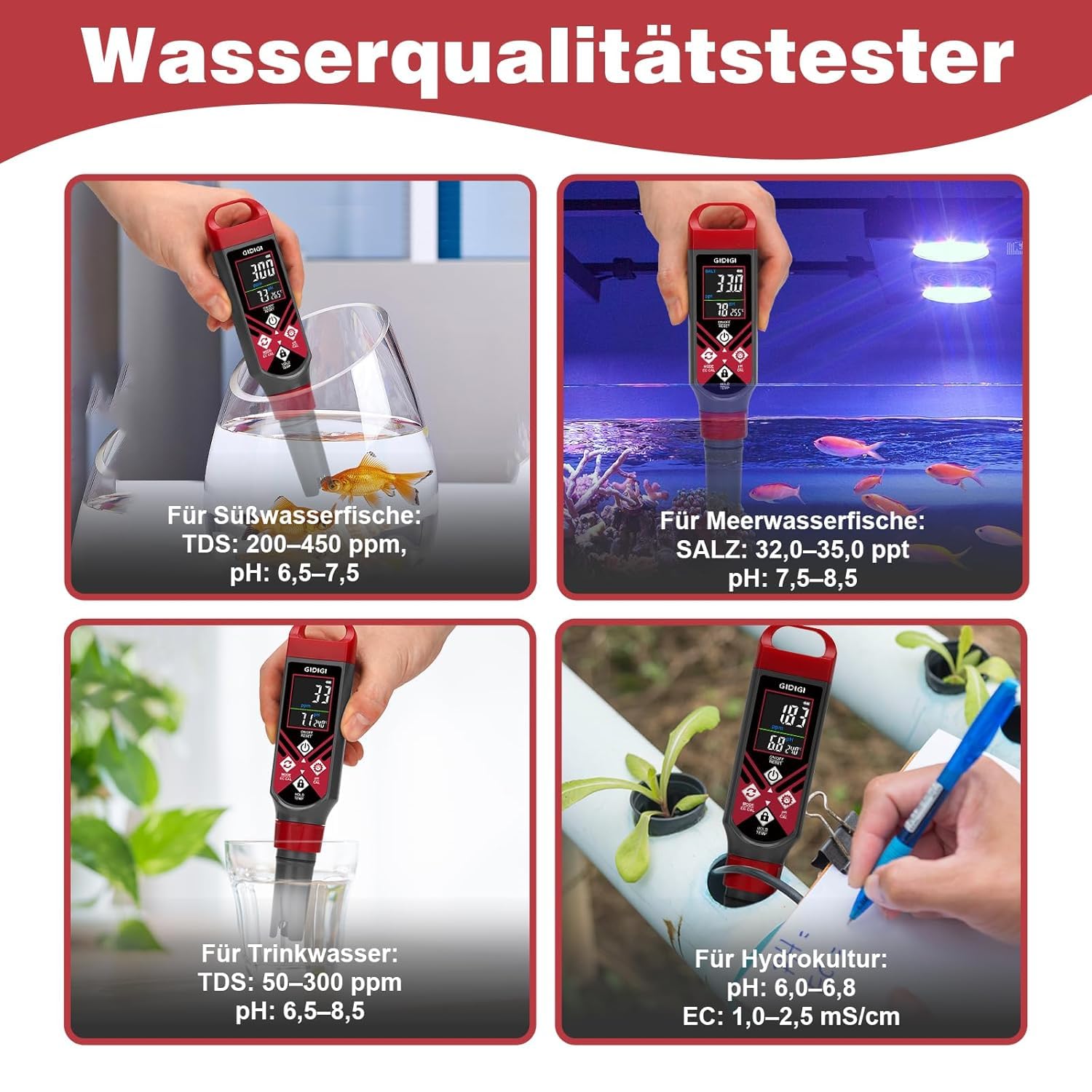 Digitaler Pool Salztester, pH Messgerät, 5-in-1 Wasser qualitäts tester für Pool, Aquarium, Whirlpool, Hydrokultur, 0,1 Hochpräziser Salzgehaltstester, Poolwasser Testset für Salzwasser