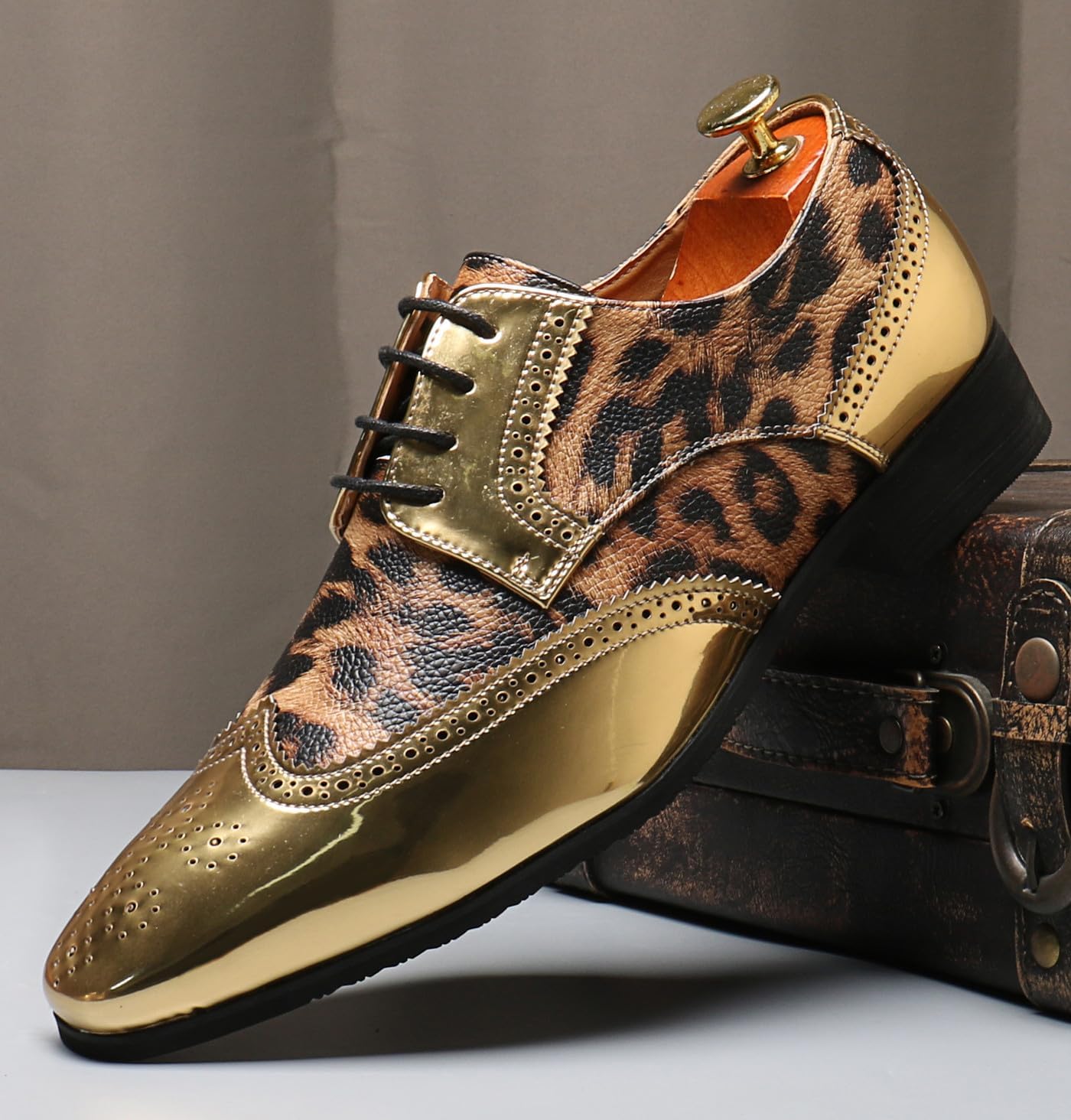 Mens Oxfords Formal Dress Leopard Texture Wingtip Derby Glossy Leather Shoes for Men Fashion Wedding Prom Modern Shoes Business Casual Tuxedo Luxury Shoes - Image 5