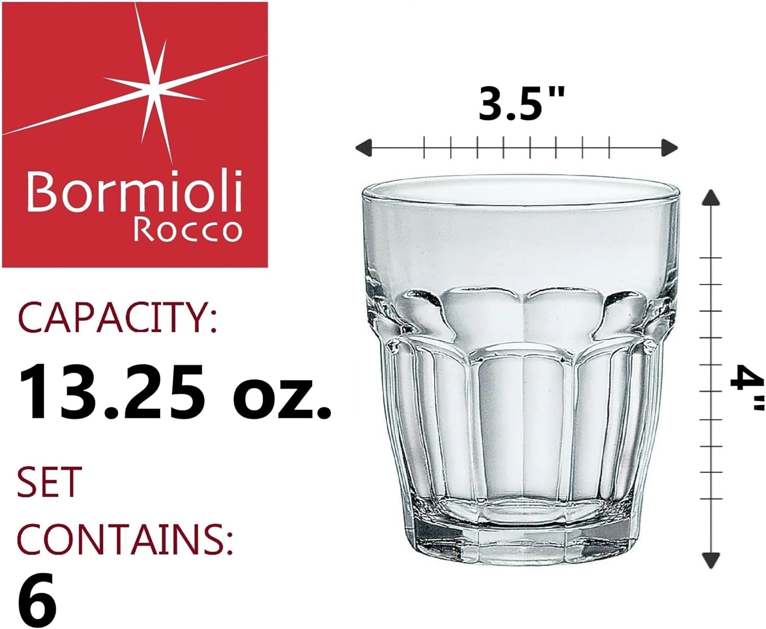 Bormioli Rocco Rock Bar Stackable Double Old Fashioned Glasses, 13 1/4 Ounce, Set of 6