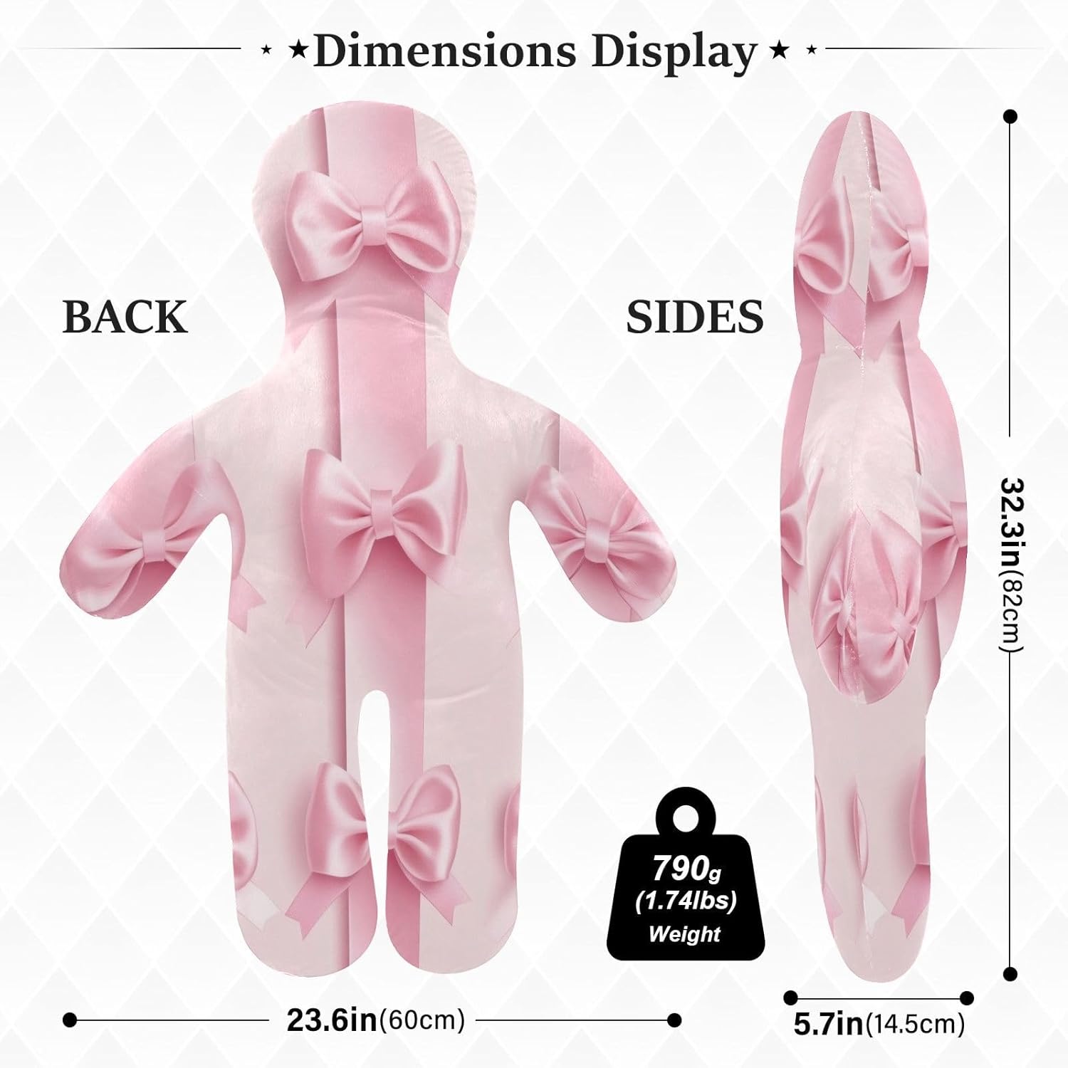 Valentine Pink Bows Human-Shaped Pillow Soft Body Pillows Washable Velvet Pillows for Anxiety Relief Sleeping Cuddling & Support