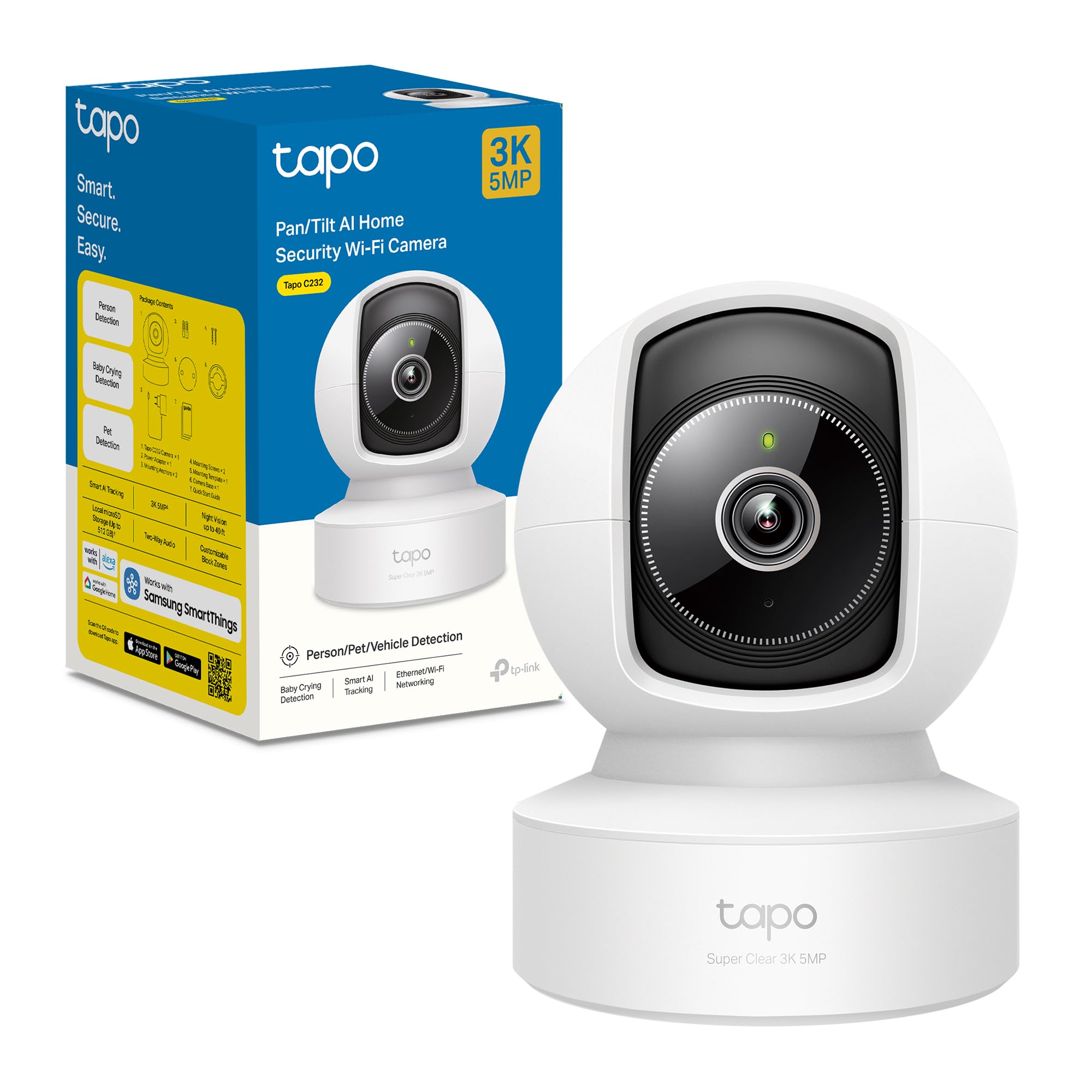 Tapo C232 3K 5MP Telecamera Wi-Fi Interno, Porta Ethernet, Visione Notturna Avanzata, Notifiche AI Persone/Animali Domestici/Veicoli/Bimbi, Allarme acustico e luminoso, Compatibile con Google e Alexa