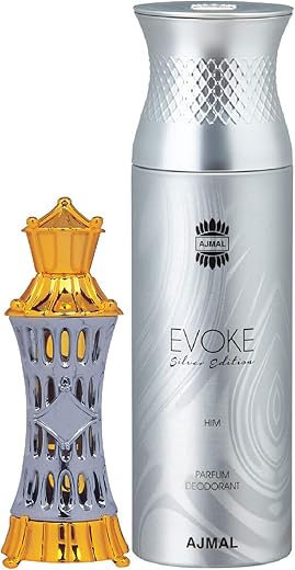 Ajmal Mizyaan Concentrated Perfume Oil Oriental Musky Non-Alcohol Attar – 14 ml, Evoke Silver Edition Him Deodorant Spicy Floral Fragrance – 200 ml